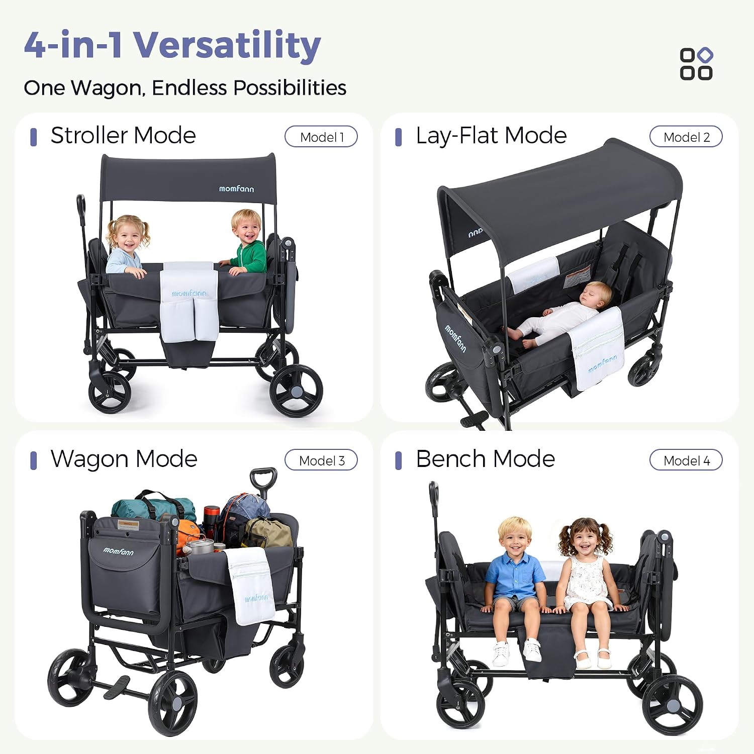 MOMFANN Wagon Stroller for 2 Kids, All-Terrain Foldable Baby Wagon with Adjustable Push & Pull Handle, 5-Point Harness, Removable Canopy, Footwell & Large Storage Bag-Gray - Image 4