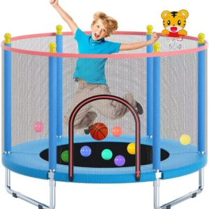55″ Trampoline for Kids, Telawah Indoor/Outdoor Mini Baby with Safety Enclosure Net, Adjustable Toddler with Basketball Hoop, Gifts for Boys & Girls