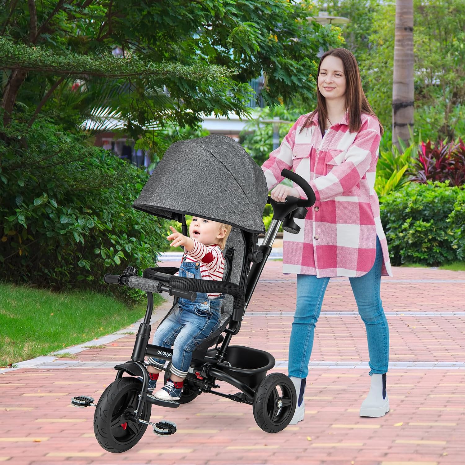 BABY JOY Tricycle, 6 in 1 Trike for Toddler w/Reversible Seat, Adjustable Canopy & Parent Handle, 5-Point Safety Belt, PU Wheels and Storage Basket, Push Tricycle for 9-60 Months (Gray) - Image 7