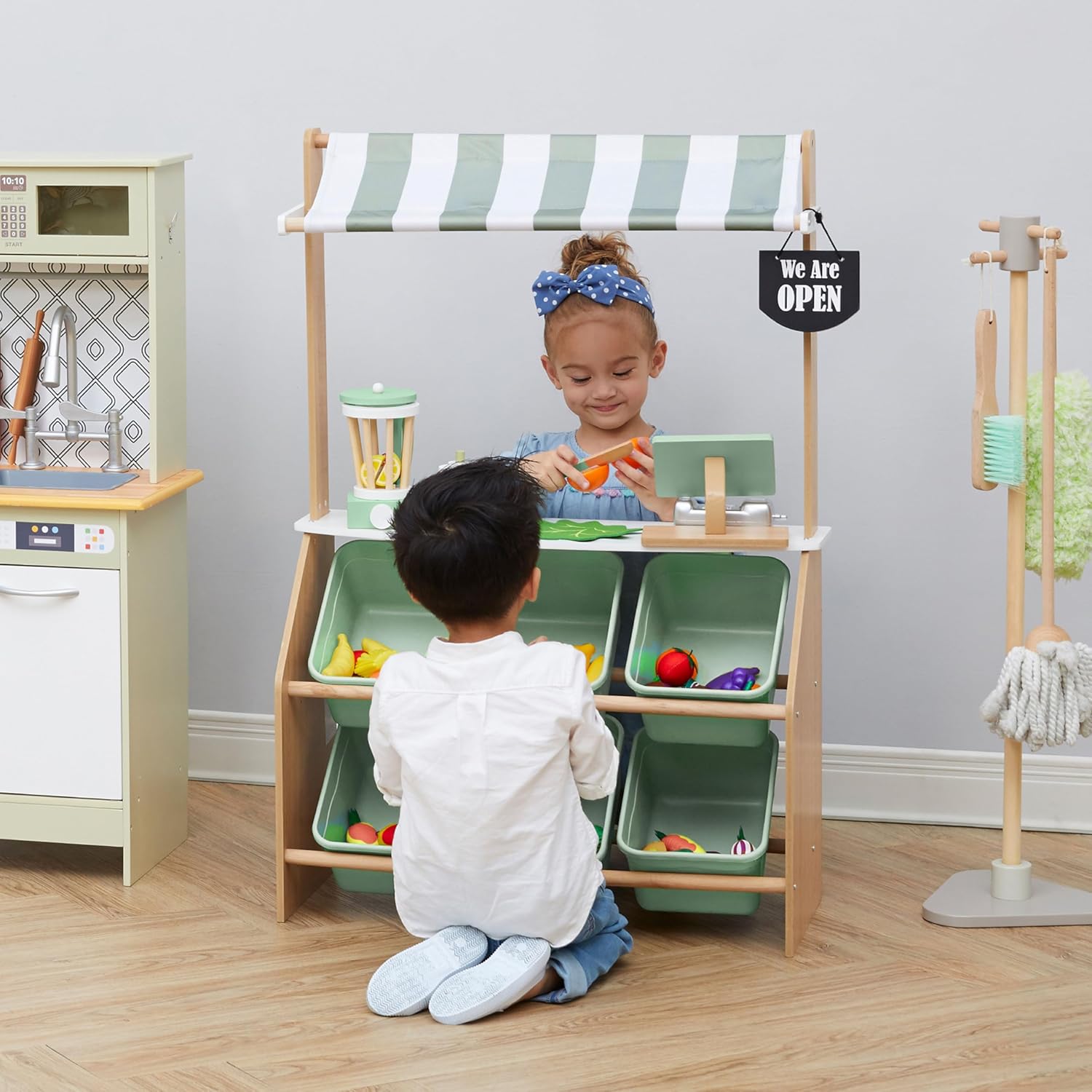 Teamson Kids Little Helper Wooden Farmer's Market Stand with Pretend Cash Register and 6 Plastic Storage Bins, Green, TD-13638A-AMZ | Pretend Grocery Store Playset, Cash Register Toy, 6 Storage Bins, Awning, Ages 3+ - Image 5