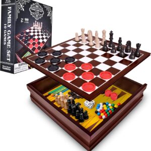 Elbow Room Games Family Game Set, 10 Classic Games with Wooden Storage Box and Built-in Game Boards, Endless Fun for Game Nights, Gatherings & Travel, 2+ Players