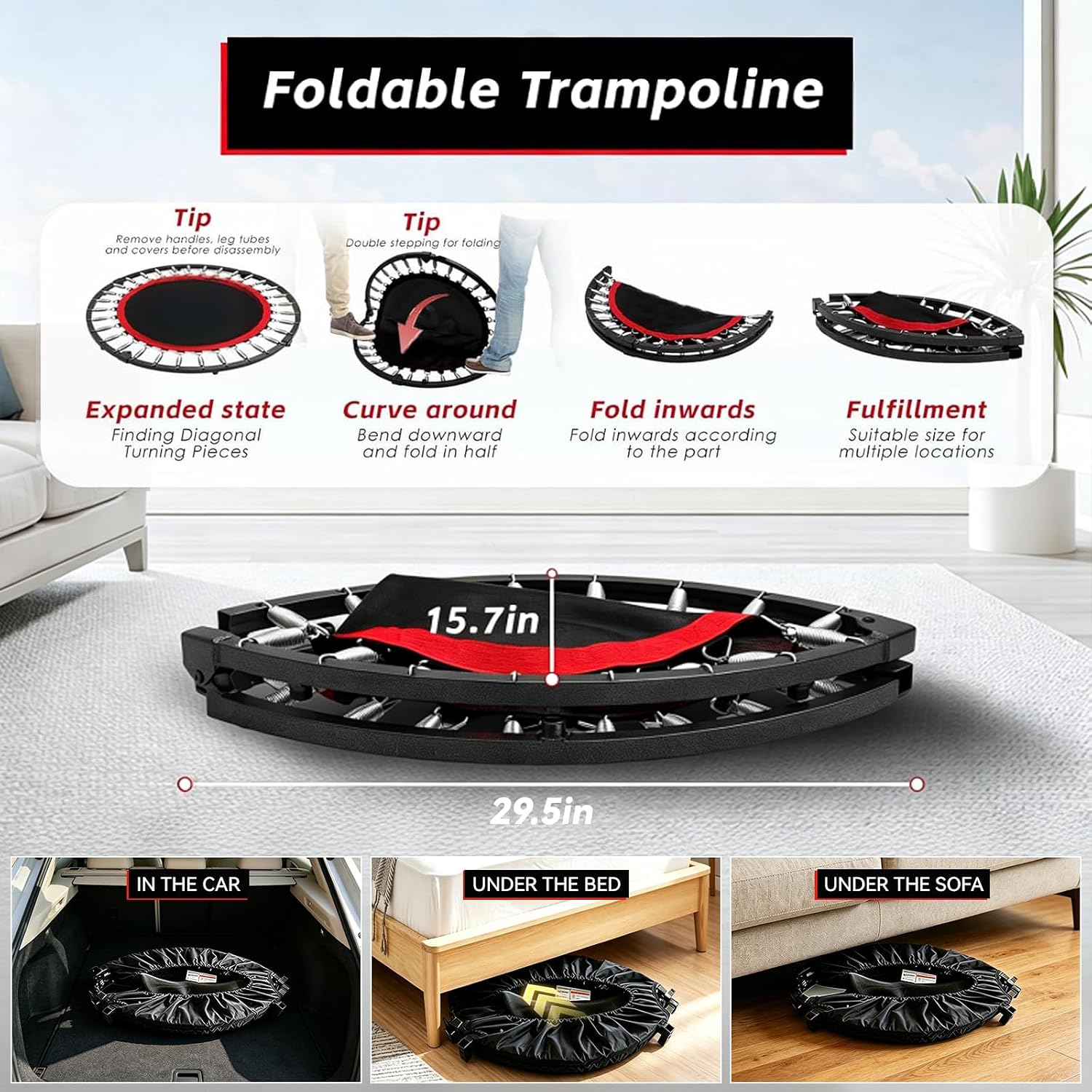 Trampoline, Portable Foldable Trampoline in-Home Mini Rebounder with Adjustable Handle, Exercise Trampoline for Adults, 40" Max Load 330lbs - Image 2
