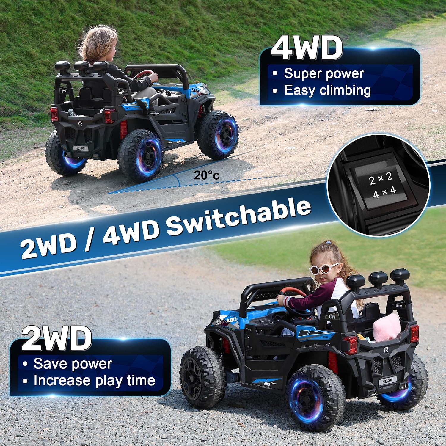 ANPABO 24 Volt Ride on Toys for Boys w/Remote Control, 4X75W Motors, Max 4.5MPH, 4WD/2WD Switchable, 4 Shock Absorbers, 19" Spacious Seat, Bluetooth, Electric Car for Kids (Blue) - Image 3