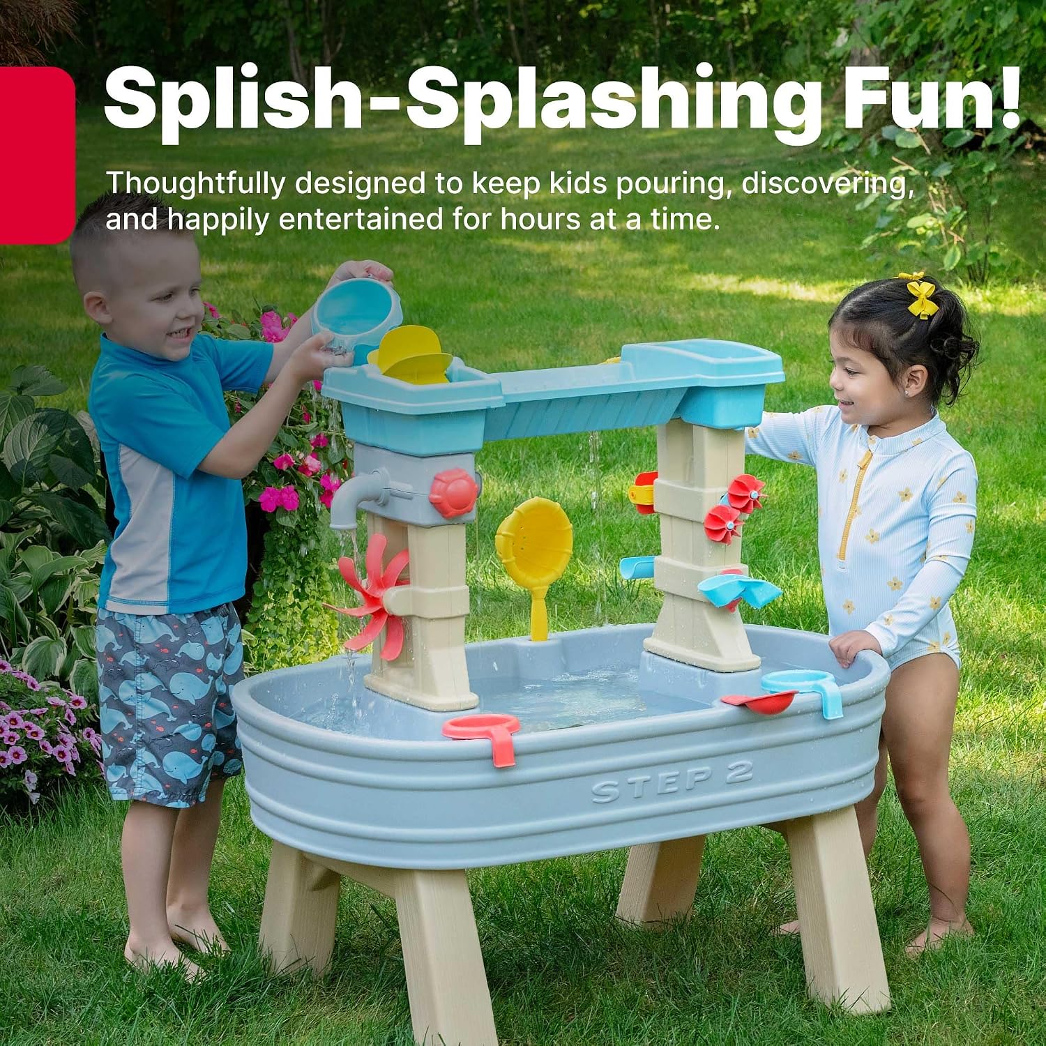 Step2 Rain Showers & Flow Kids Water Table, Outdoor Toddler Activity Table, 15-Piece Accessory Set, Ages 1.5+ Years Old, Multicolor (Gray, Blue, Red) - Image 2
