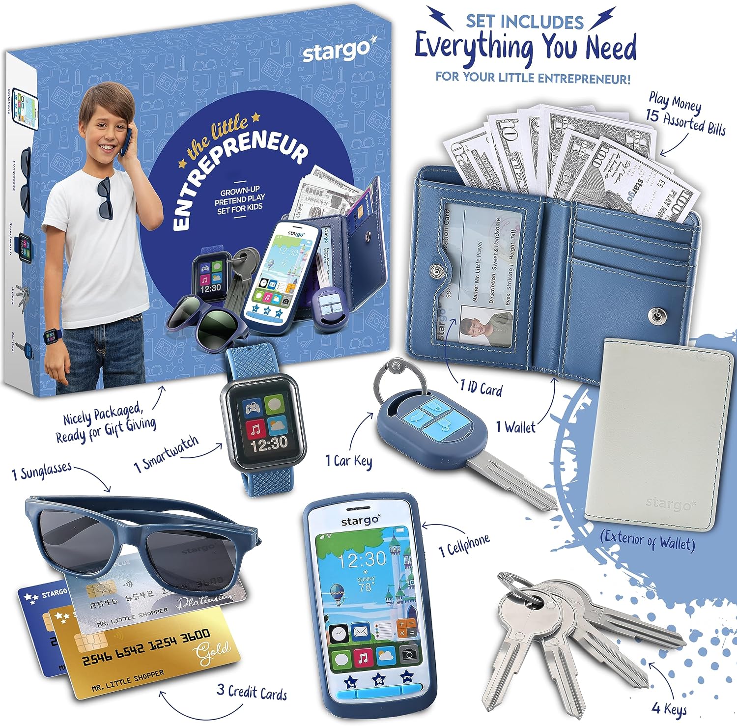 Play Wallet for Boys with Money and Pretend Play Toys, Cellphone, Smartwatch, Keys, Sunglasses, Toddler Wallet for Kids Ages 3 4 5 6 7 8 9 10 11 12 - Grown Up Pretend Play Set for Kids - Image 2