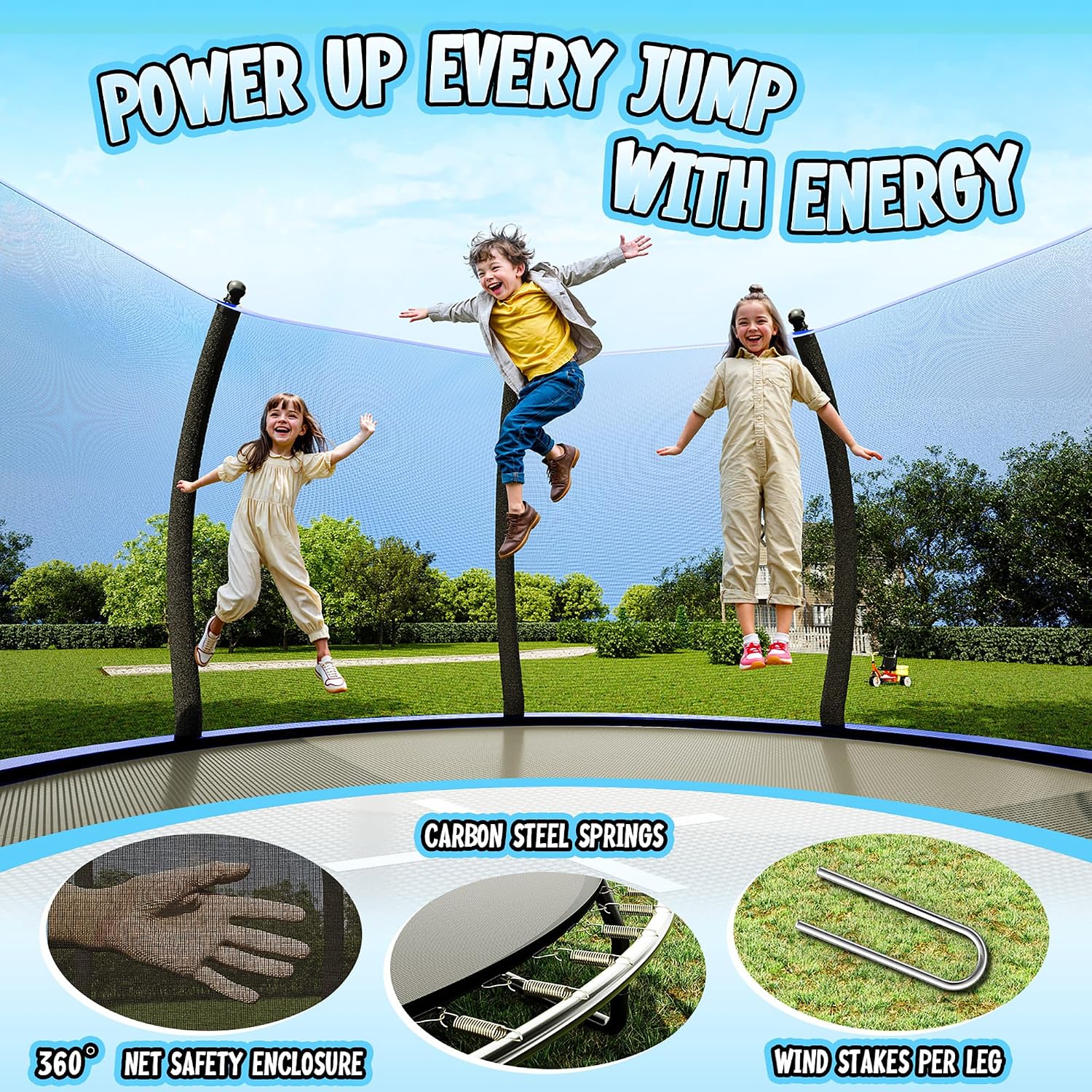 YUMPIE 8FT 10FT 12FT 14FT 15FT 16FT Outdoor Trampoline with Enclosure Net and Ladder, Recreational Trampolines for Kids and Adults, Quick Connect Frame, ASTM Approval - Image 9