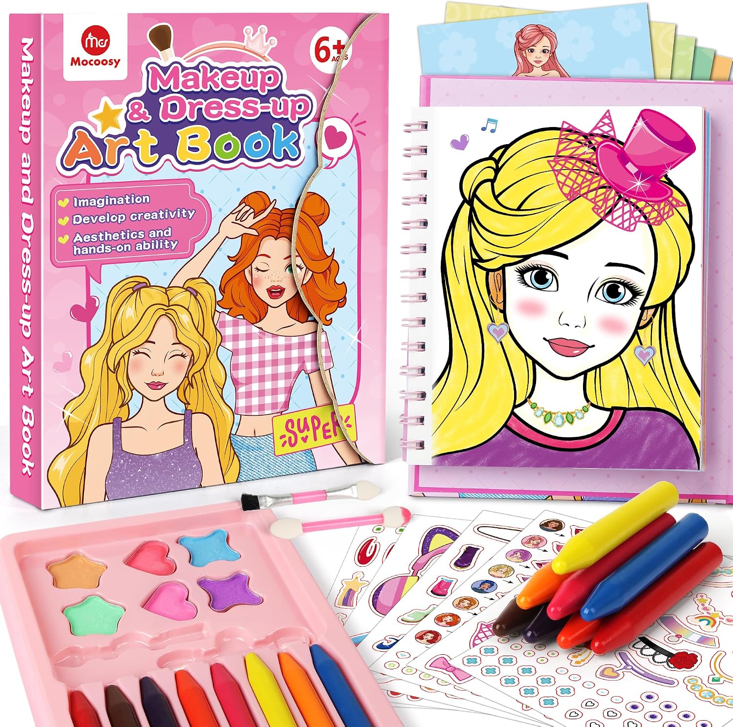 Mocoosy Makeup Art Craft for kids Ages 4-8, Pretend Play Makeup Coloring Activity Book with Stickers, Fashion Design Sketchbook, Travel Game Airplane Car Road Trip Toy Birthday Gift for Girl 5 6 7 8 9