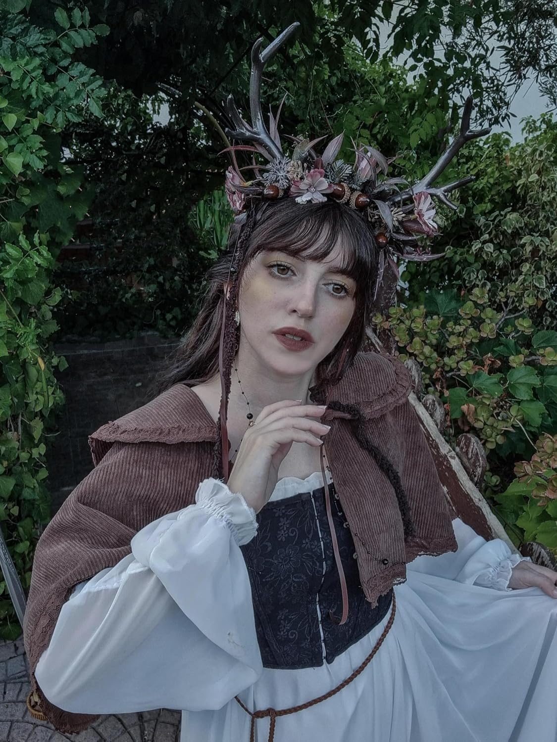 MOSTORY Flower Reindeer Headband for Women - Floral Antler Headpiece Woodland Deer Horns Hairband for Renaissance Cosplay - Image 2