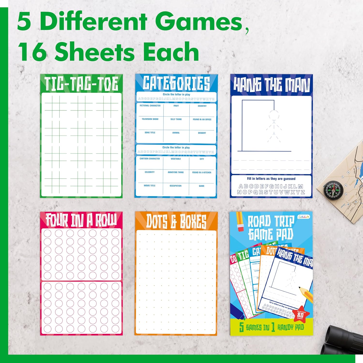 Road Trip Game Pad, 80 Perforated Sheets Travel Activity Pad, 5 Games in 1 Pad, Plane, Car Trip Activity, Pen Pencil & Paper Game for Kids, Adults (6” x 9”) - Image 3