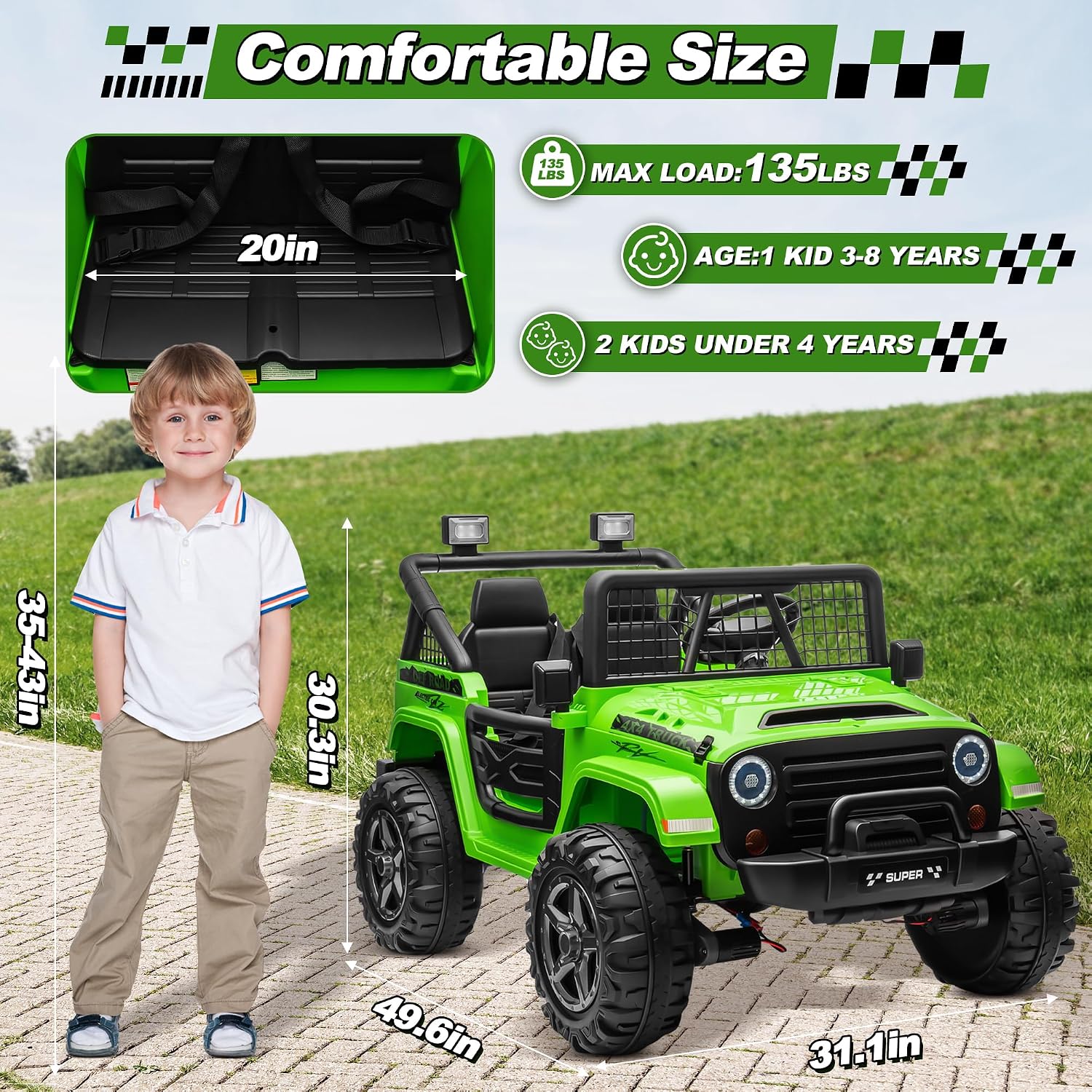 JOYRACER 24V Ride on Car with Remote Control, XL 2 Seater 4WD/2WD Switchable Truck w/4X200W Motor, 20 Inch Wide Seat, Gift Flower Power Car Wheels 24 Volt Big Truck for Boys Girls, Green - Image 9