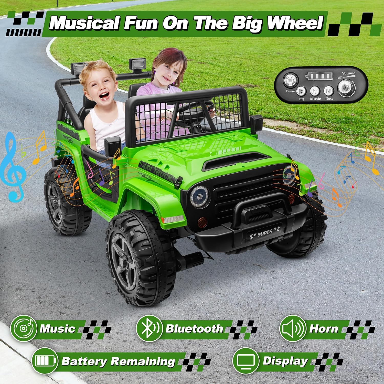 JOYRACER 24V Ride on Car with Remote Control, XL 2 Seater 4WD/2WD Switchable Truck w/4X200W Motor, 20 Inch Wide Seat, Gift Flower Power Car Wheels 24 Volt Big Truck for Boys Girls, Green - Image 5