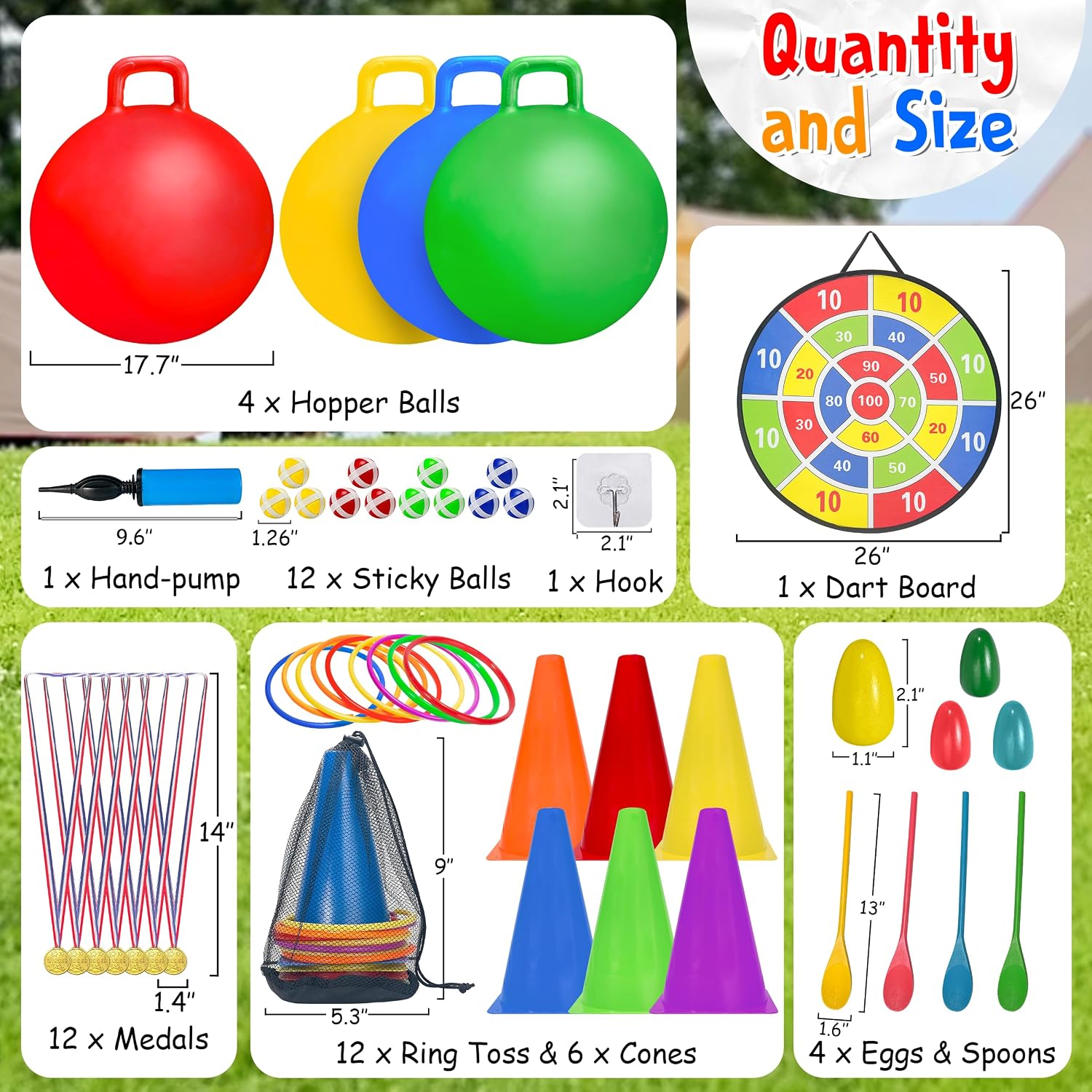 LINAYE Carnival Games Combo Set Outdoor Activities, Field Day Lawn Yard Family Reunion Fall Festival Games Hopper Balls Dart Board for Kids Ring Toss Egg and Spoon for Kids Birthday Party - Image 2