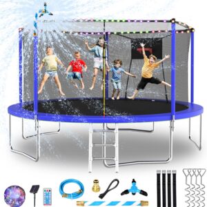 Lyromix Upgraded 14FT 15FT Trampoline Outdoor with Basketball Hoop, Stakes, Light, Sprinkler, Capacity for 4-8 Kids & Adults