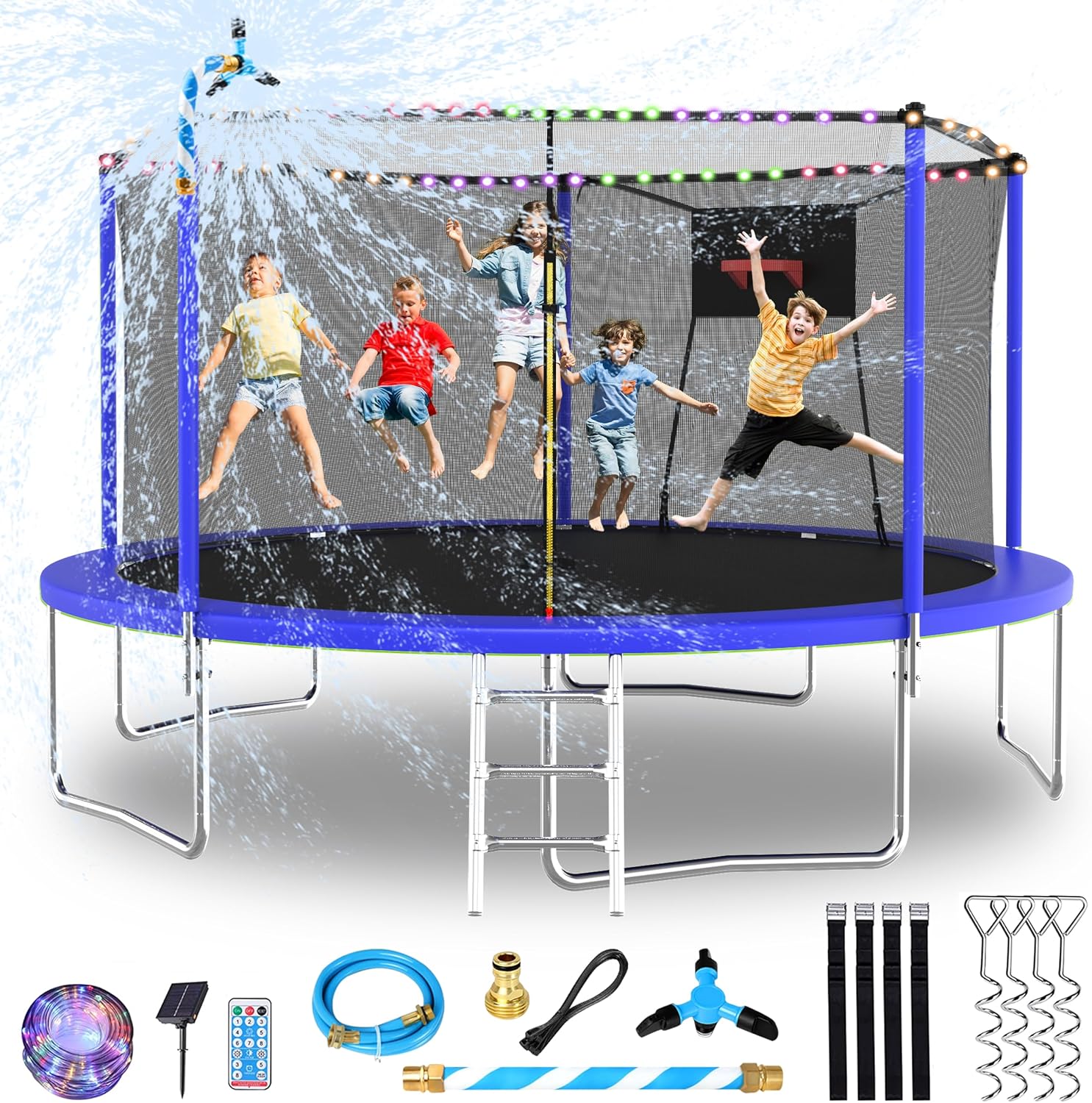 Lyromix Upgraded 14FT 15FT Trampoline Outdoor with Basketball Hoop, Stakes, Light, Sprinkler, Capacity for 4-8 Kids & Adults