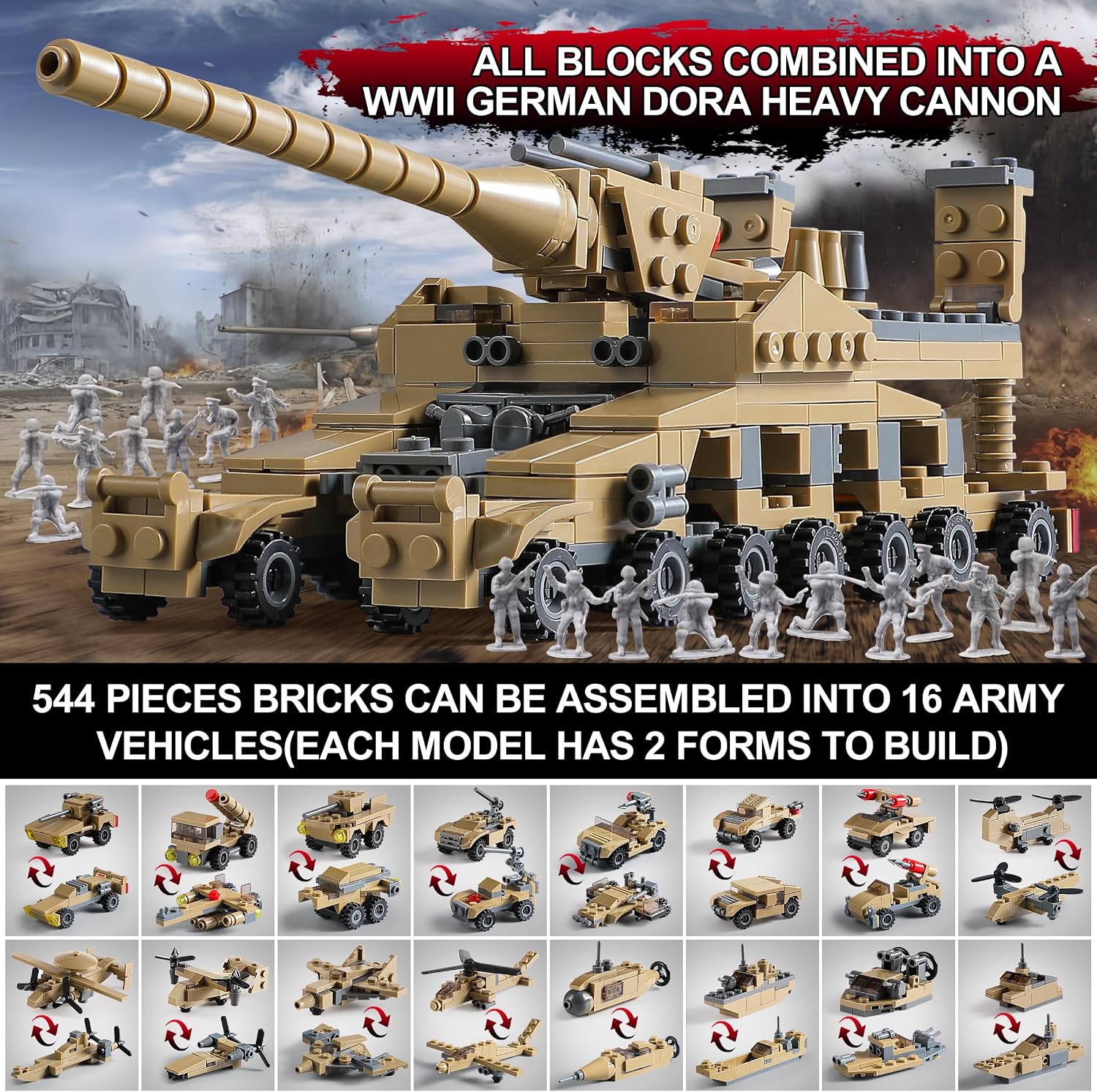WW2 Army Tank Toys Building Sets Compatible with Lego, Create a German Dora Cannon or 16 Military Vehicles with 20 Toy Soldiers, STEM Toys for Boys Kids Age 6+ Year Old - Image 4