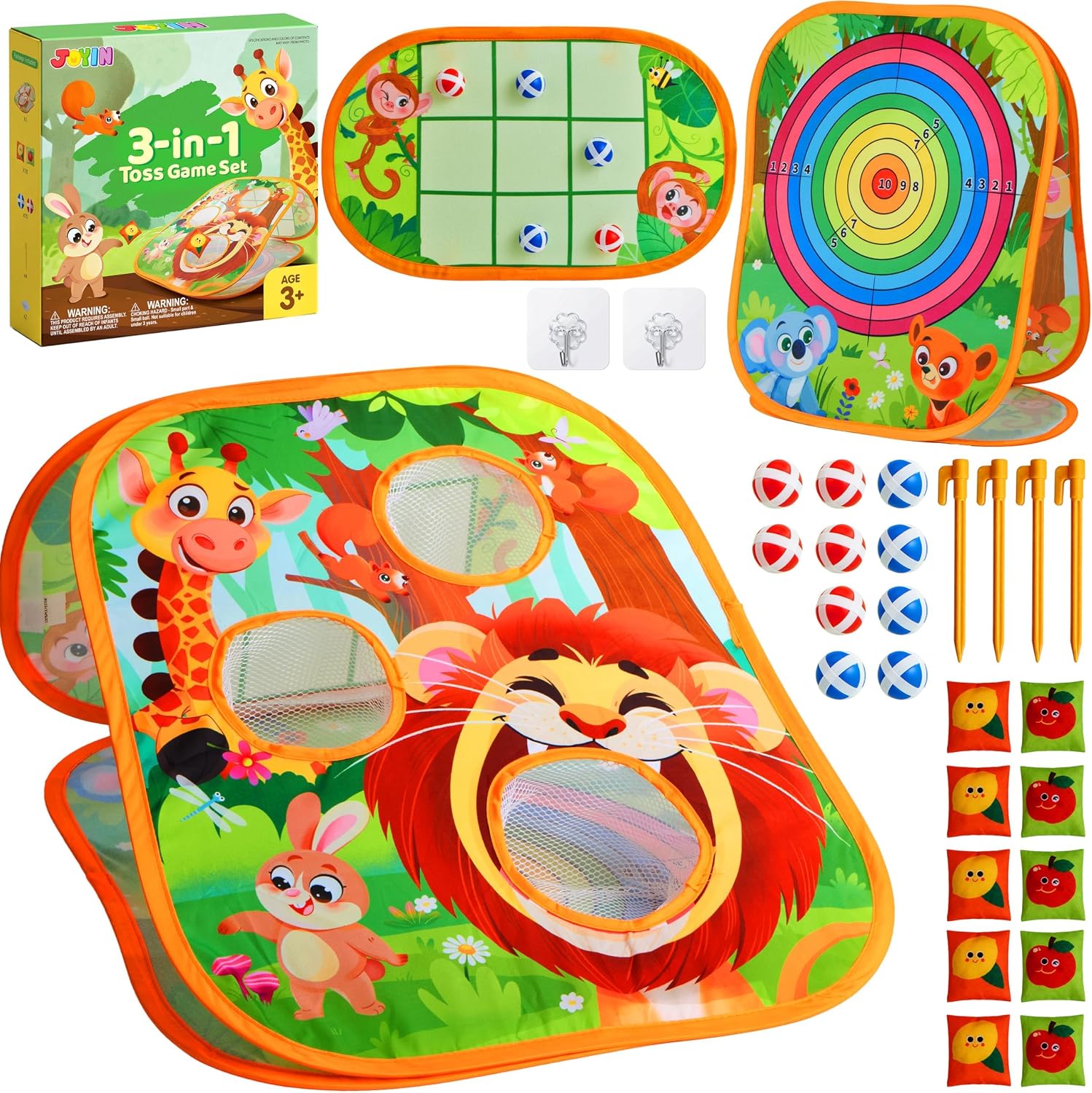 JOYIN 3-in-1 Animal Bean Bag Toss Game for Kids, Portable Corn Hole Games with Tic Tac Toe & Small Sticky Balls, Indoor & Outdoor Toys for Party Yard Beach Lawn, Birthday Gift for Boys Girls Toddlers