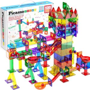 PicassoTiles 100pc Magnetic Marble Run Set with Racing Track Tiles Funnels Curved Slopes and Steel Balls for Kids STEM Construction Indoor Learning Toy that Promotes Focus and Problem Solving PTG100