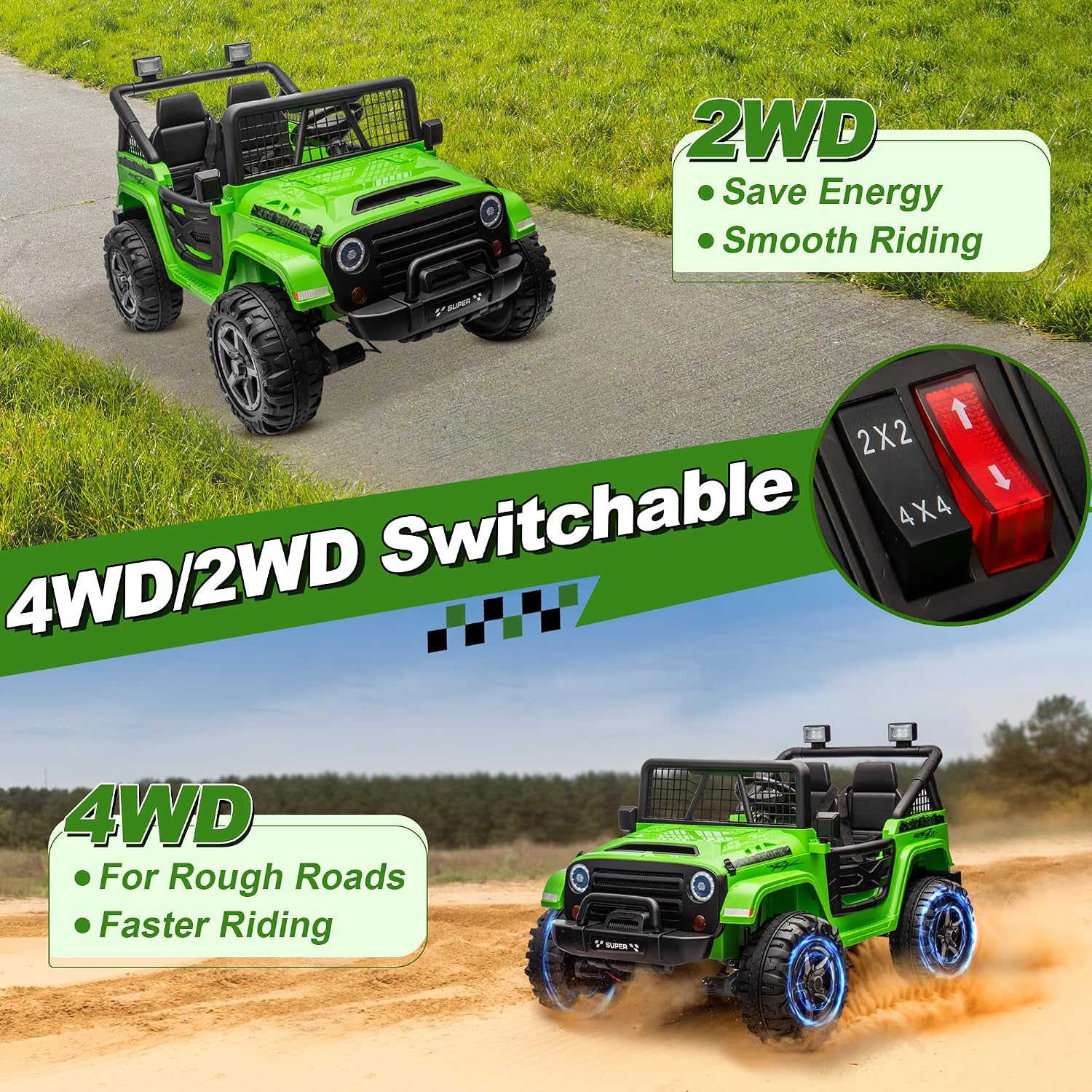 JOYRACER 24V Ride on Car with Remote Control, XL 2 Seater 4WD/2WD Switchable Truck w/4X200W Motor, 20 Inch Wide Seat, Gift Flower Power Car Wheels 24 Volt Big Truck for Boys Girls, Green - Image 2