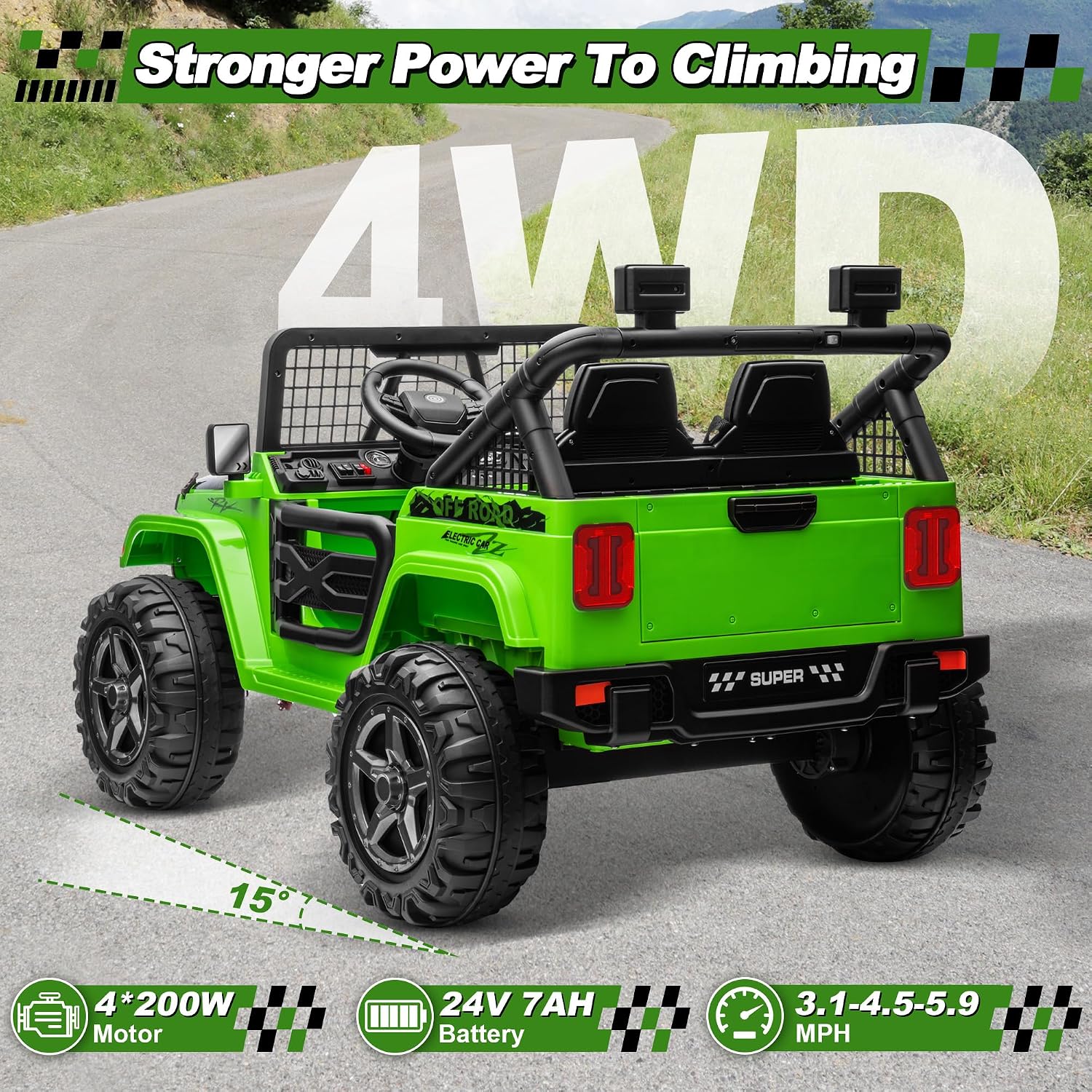 JOYRACER 24V Ride on Car with Remote Control, XL 2 Seater 4WD/2WD Switchable Truck w/4X200W Motor, 20 Inch Wide Seat, Gift Flower Power Car Wheels 24 Volt Big Truck for Boys Girls, Green - Image 3