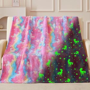 QSTEHEML Glow in The Dark Unicorn Blanket ，Birthday Gift for Girls Age 3-12 Years Old, Unicorns Toys Girls Presents for Grandkids, Soft Unicorns Throw Blanket – 50″×60″
