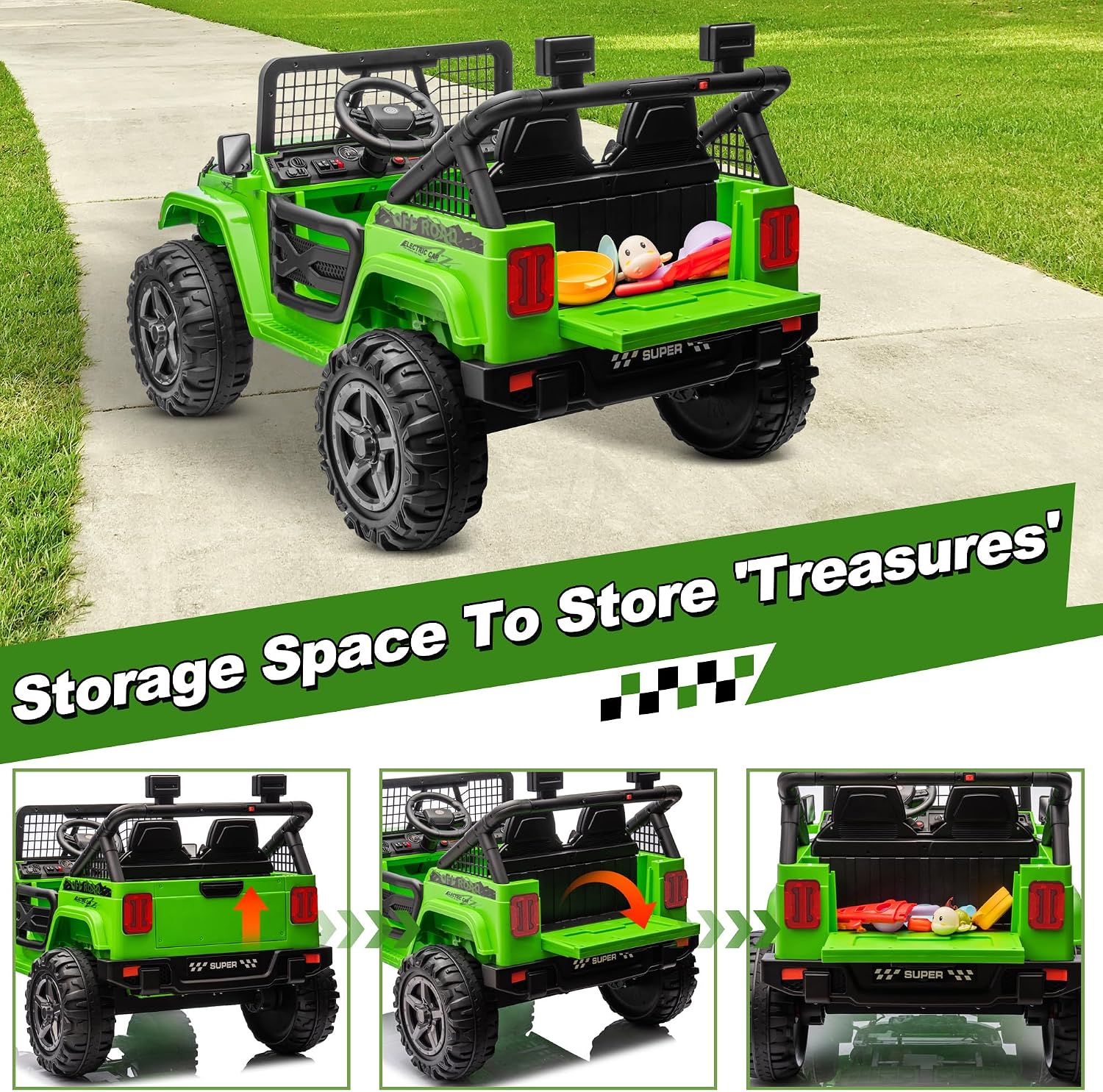 JOYRACER 24V Ride on Car with Remote Control, XL 2 Seater 4WD/2WD Switchable Truck w/4X200W Motor, 20 Inch Wide Seat, Gift Flower Power Car Wheels 24 Volt Big Truck for Boys Girls, Green - Image 6