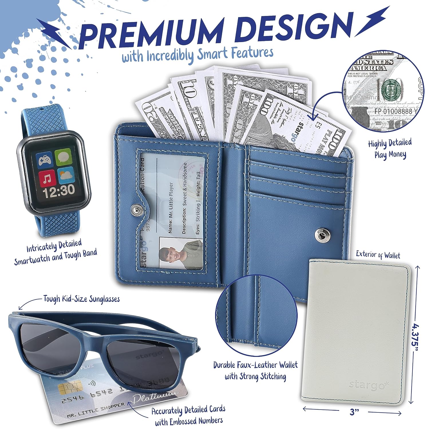Play Wallet for Boys with Money and Pretend Play Toys, Cellphone, Smartwatch, Keys, Sunglasses, Toddler Wallet for Kids Ages 3 4 5 6 7 8 9 10 11 12 - Grown Up Pretend Play Set for Kids - Image 3