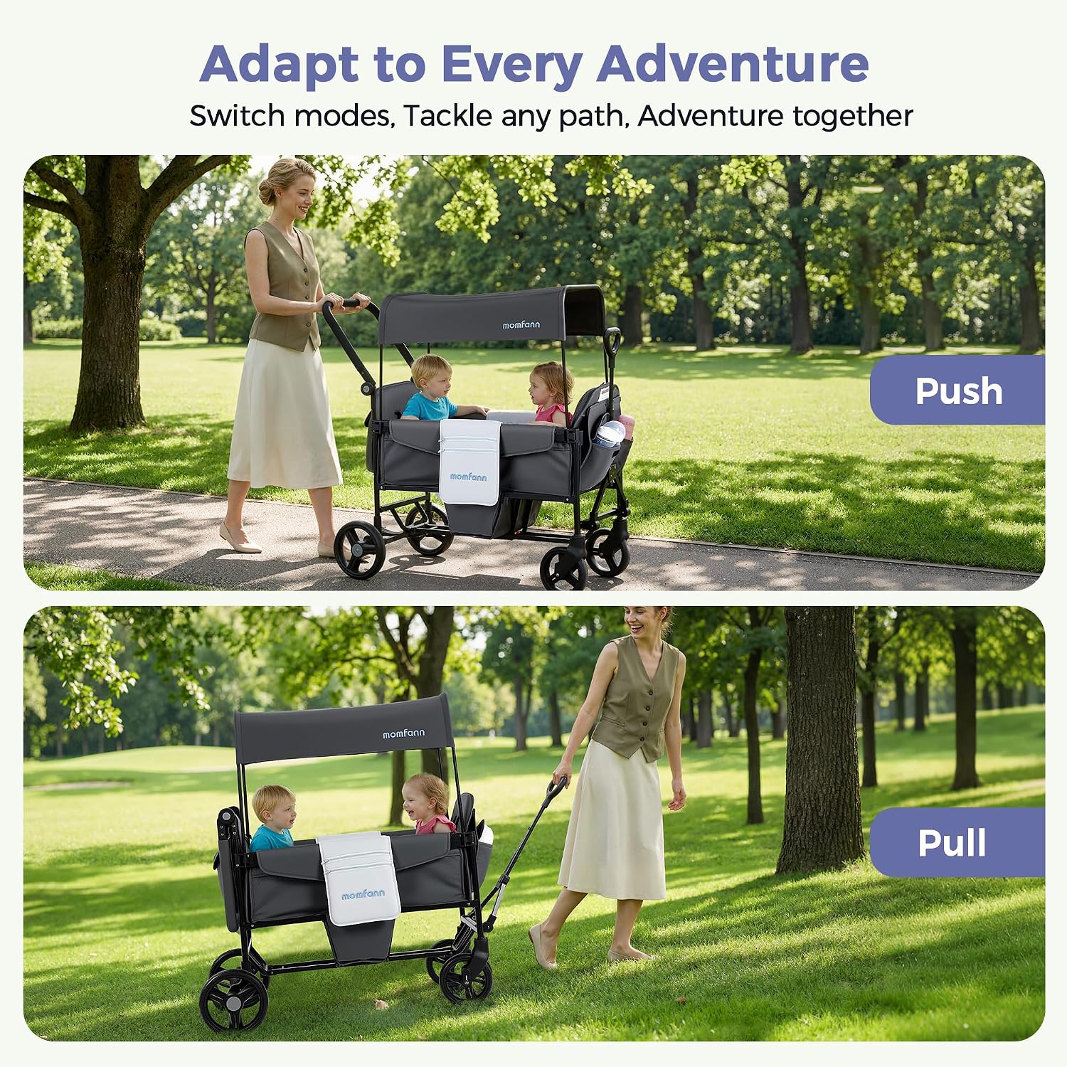 MOMFANN Wagon Stroller for 2 Kids, All-Terrain Foldable Baby Wagon with Adjustable Push & Pull Handle, 5-Point Harness, Removable Canopy, Footwell & Large Storage Bag-Gray - Image 2