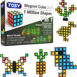 TOSY Magnet Cube 3×3 – 240 Magnets, 30 Blocks, 7in1 Toy: Puzzle Cube Game, Creative Building Blocks, Transformable Fidget Spinner, Infinity Cube, Magnet Tiles, UV Flashlight, Glowing STEM/STEAM Toy