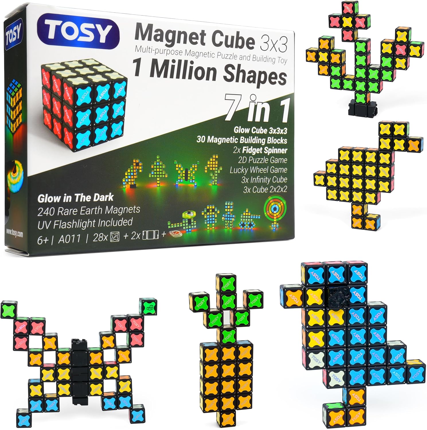 TOSY Magnet Cube 3x3 - 240 Magnets, 30 Blocks, 7in1 Toy: Puzzle Cube Game, Creative Building Blocks, Transformable Fidget Spinner, Infinity Cube, Magnet Tiles, UV Flashlight, Glowing STEM/STEAM Toy