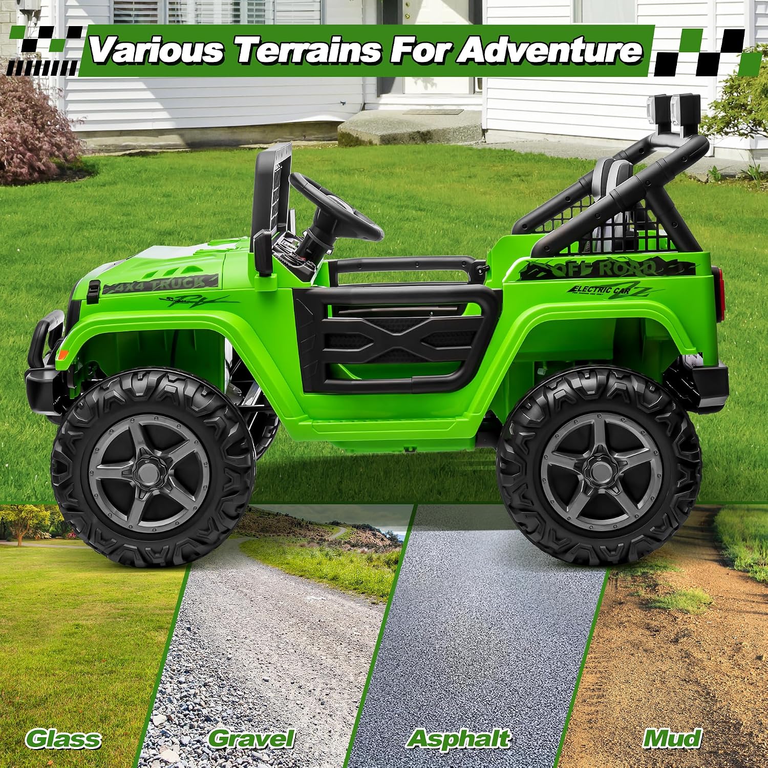 JOYRACER 24V Ride on Car with Remote Control, XL 2 Seater 4WD/2WD Switchable Truck w/4X200W Motor, 20 Inch Wide Seat, Gift Flower Power Car Wheels 24 Volt Big Truck for Boys Girls, Green - Image 8