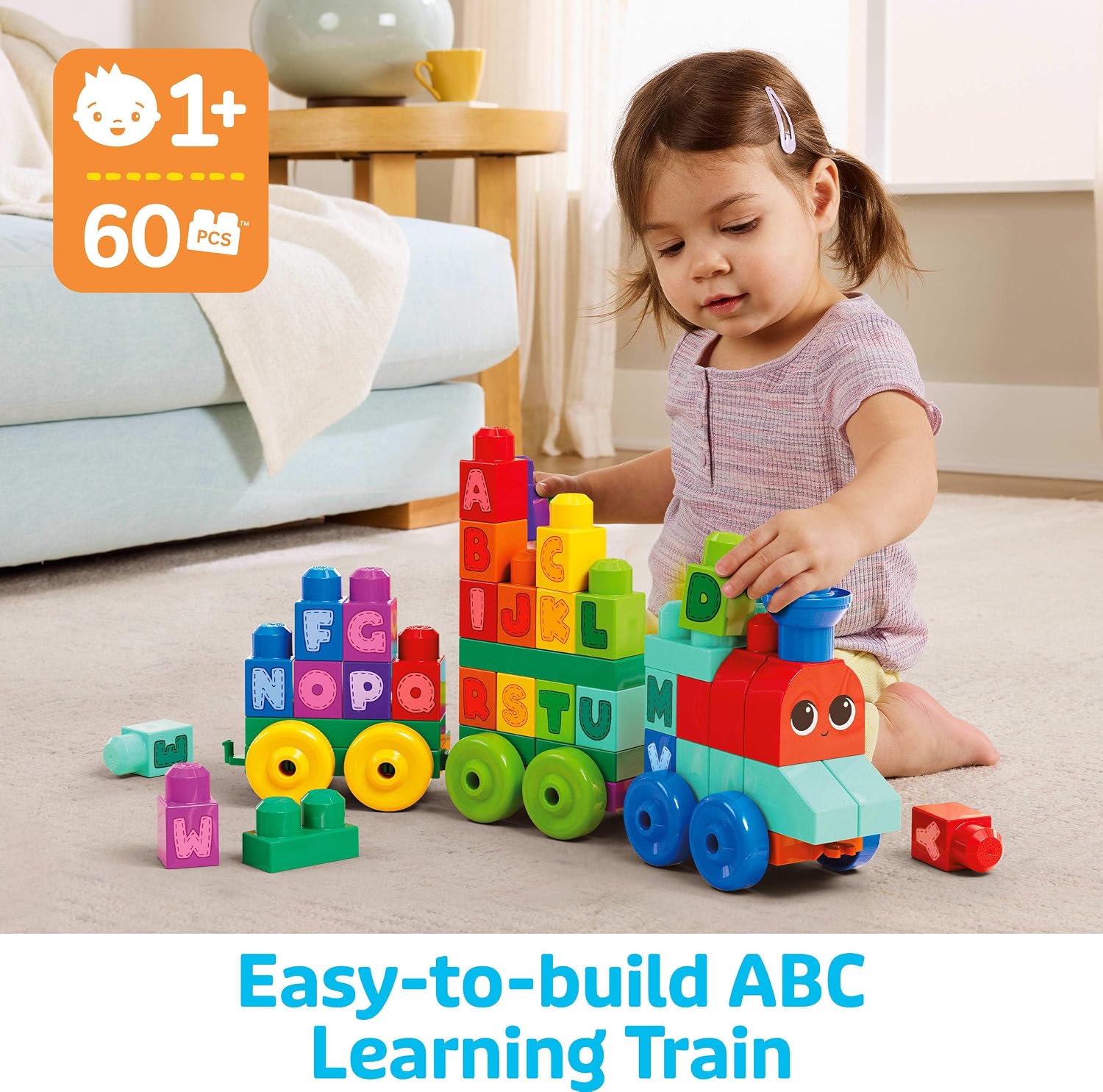 MEGA BLOKS First Builders Toddler Building Blocks Toy Set, ABC Learning Train with 60 Pieces, Ages 1+ Years - Image 2