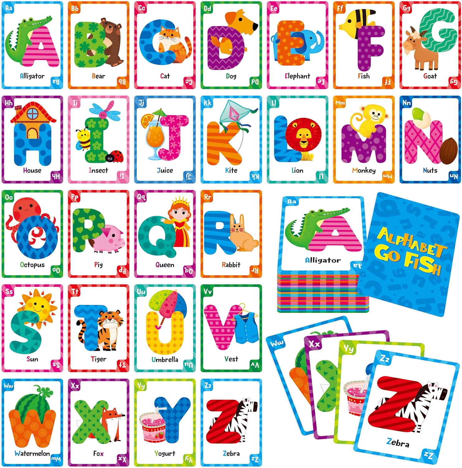 SpriteGru Go Fish Card Game, 104 Letter Cards Alphabet ABC Memory Matching Game for Kids Learning, Party Game, Family Gathering, Game Night, Classroom Activities