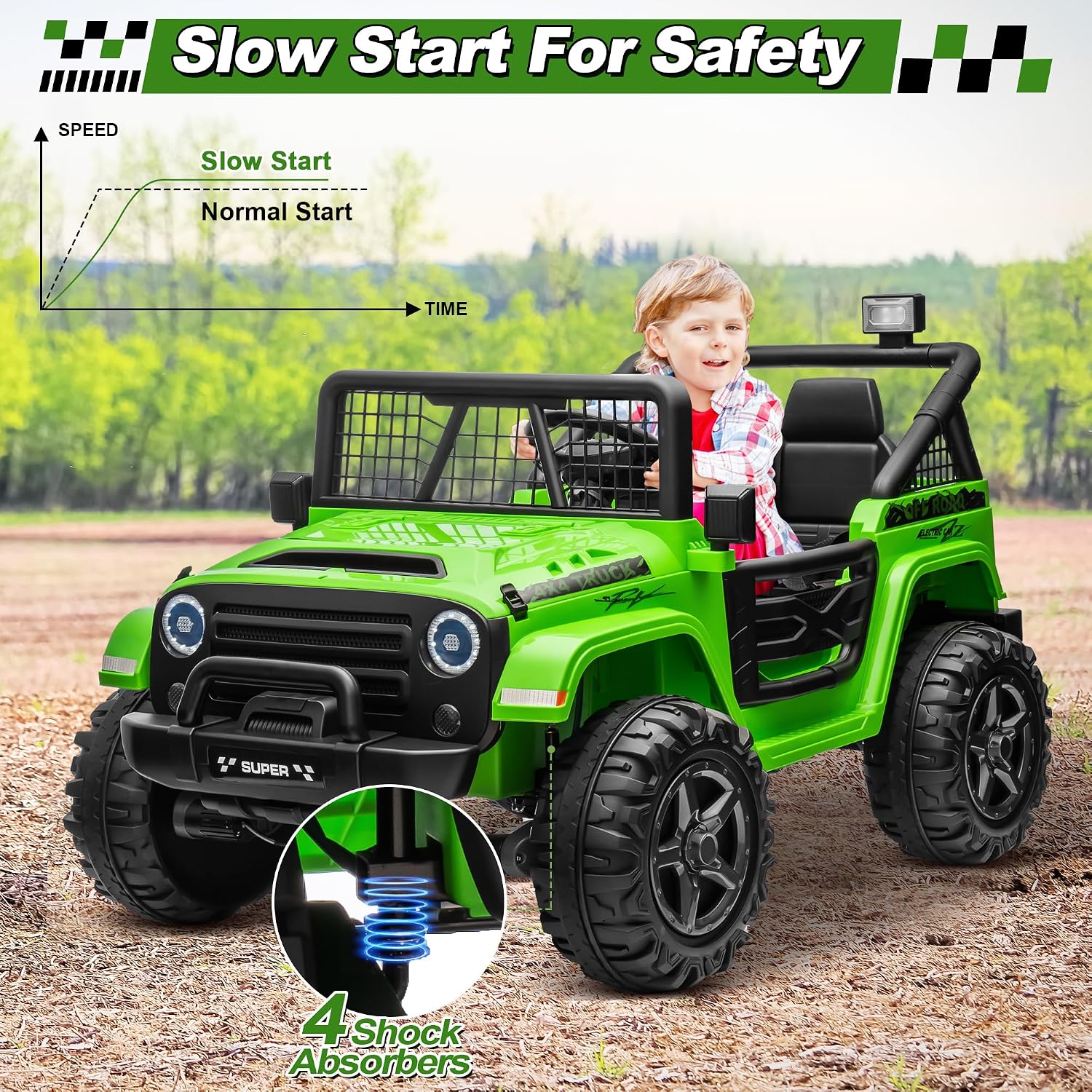 JOYRACER 24V Ride on Car with Remote Control, XL 2 Seater 4WD/2WD Switchable Truck w/4X200W Motor, 20 Inch Wide Seat, Gift Flower Power Car Wheels 24 Volt Big Truck for Boys Girls, Green - Image 7