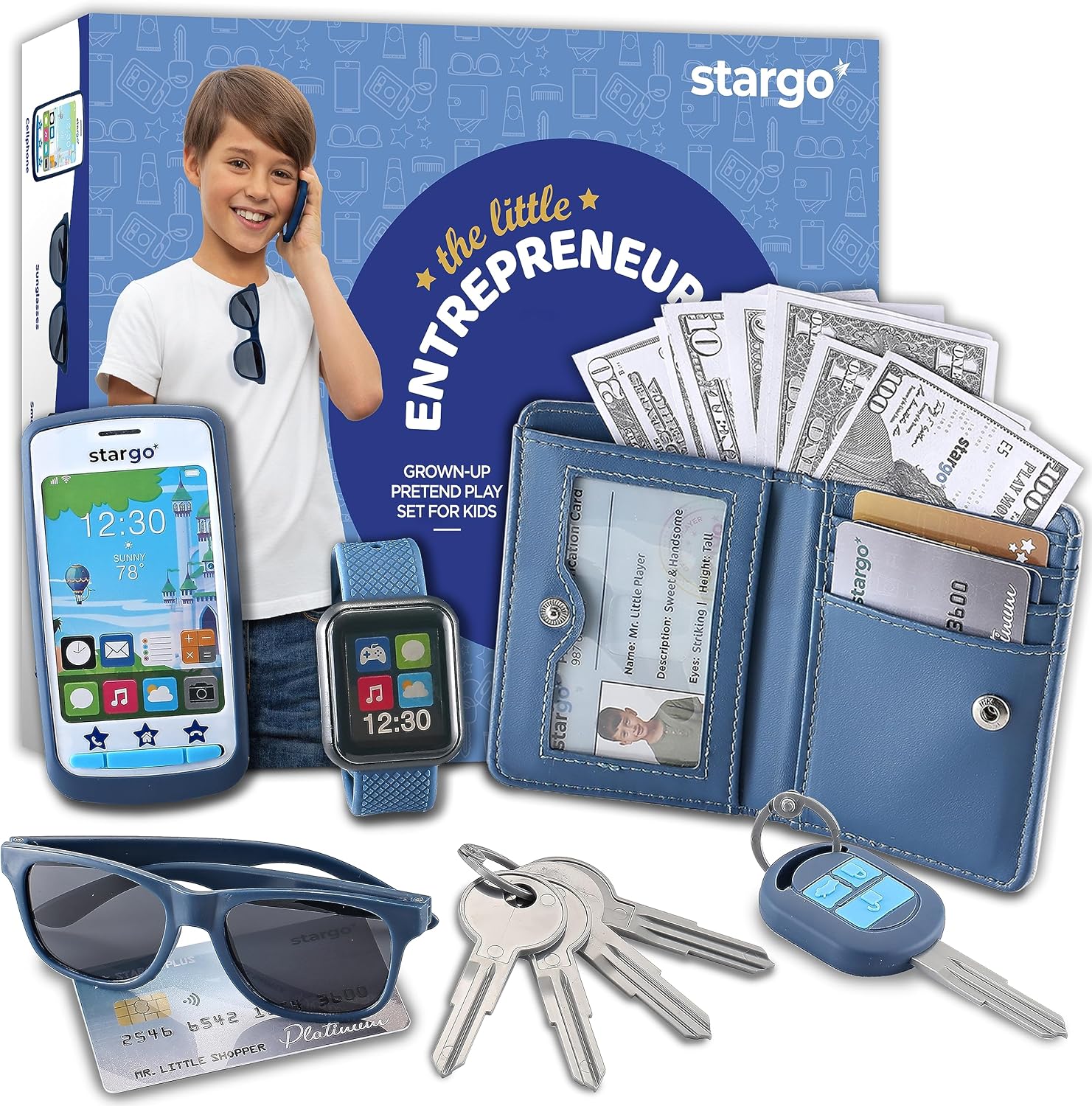 Play Wallet for Boys with Money and Pretend Play Toys, Cellphone, Smartwatch, Keys, Sunglasses, Toddler Wallet for Kids Ages 3 4 5 6 7 8 9 10 11 12 - Grown Up Pretend Play Set for Kids - Image 5
