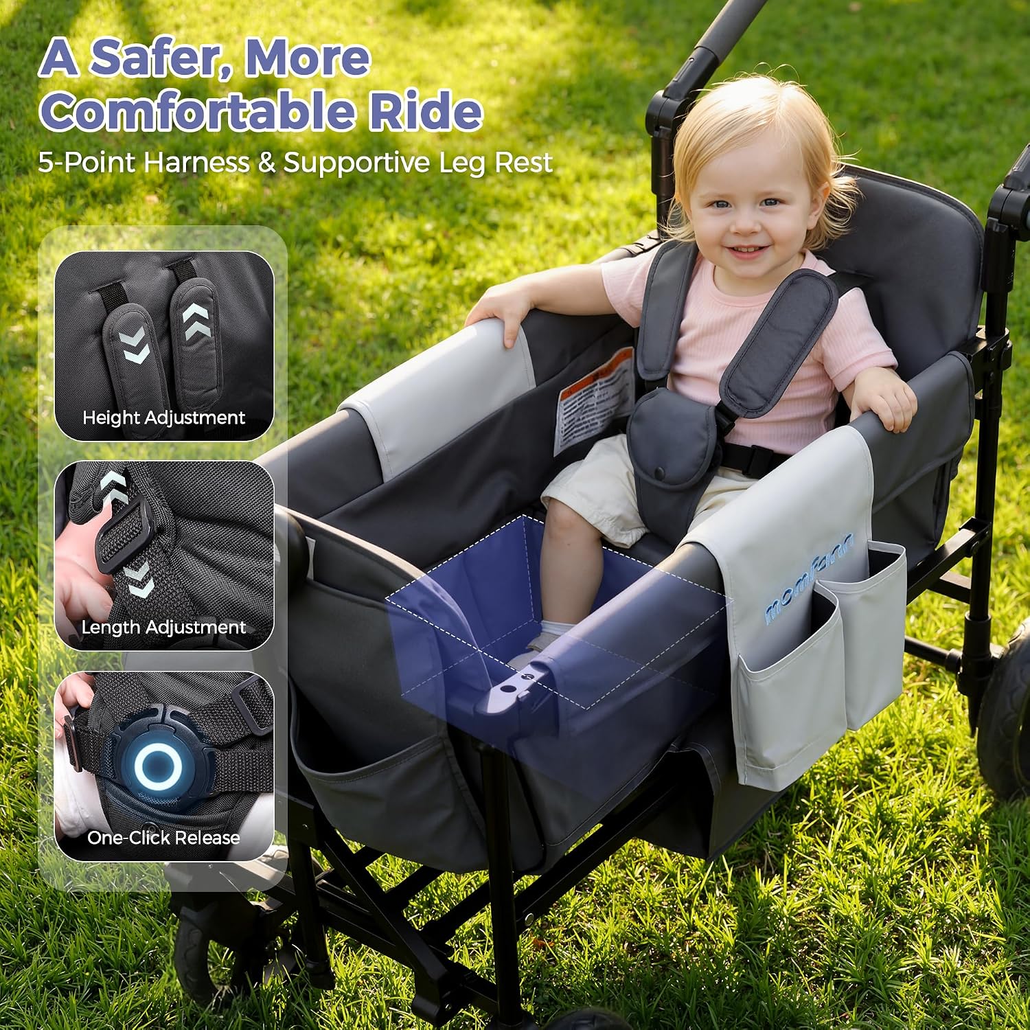 MOMFANN Wagon Stroller for 2 Kids, All-Terrain Foldable Baby Wagon with Adjustable Push & Pull Handle, 5-Point Harness, Removable Canopy, Footwell & Large Storage Bag-Gray - Image 8