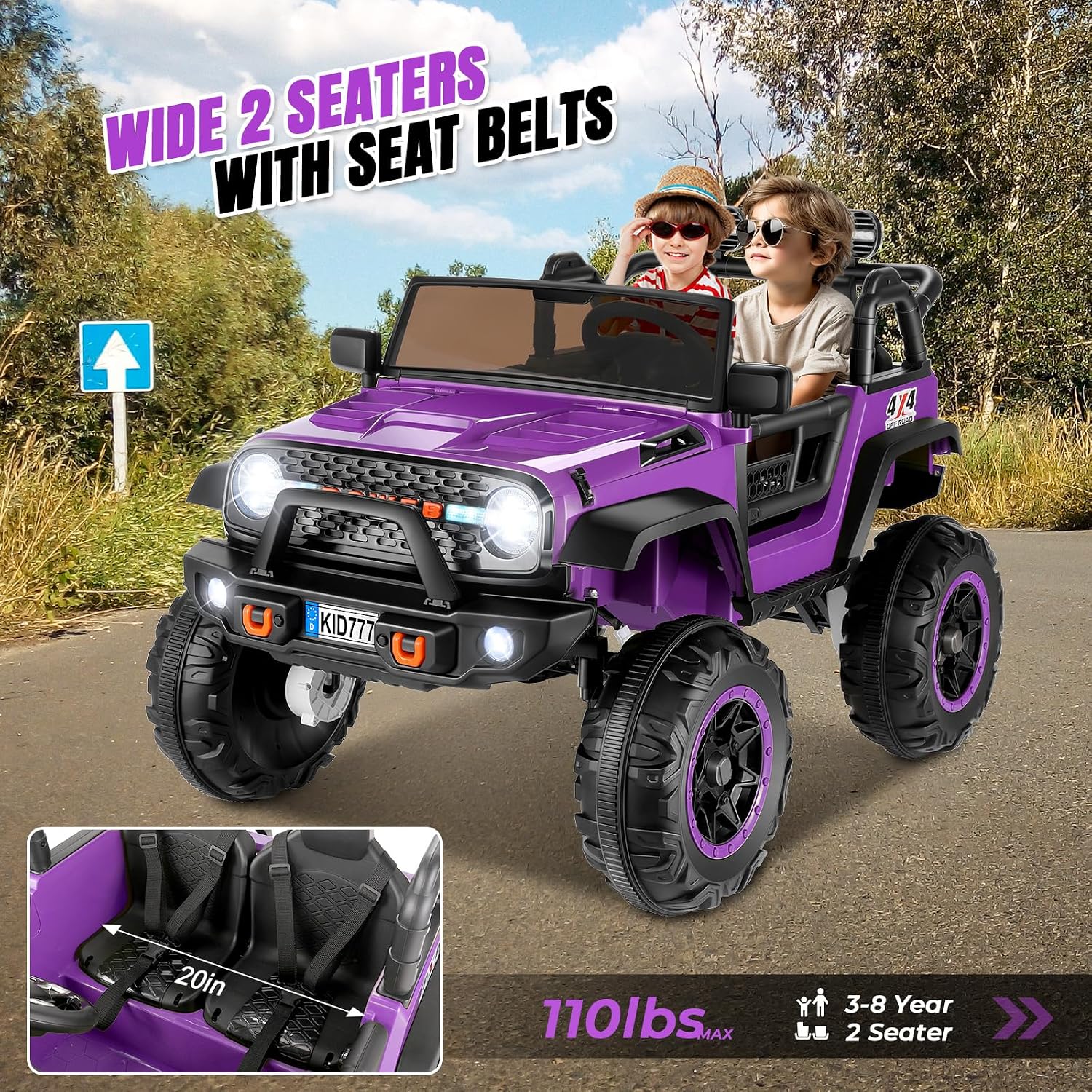 Hikole 24V 4WD Ride on Toys with Remote, 2 Seater Kids Electric Car with 20 Inch Seater, 4x100W Motors, 4 Shock Absorbers, Music Play,Bright Light, 24 Volt Kids Vehicles- Purple - Image 3