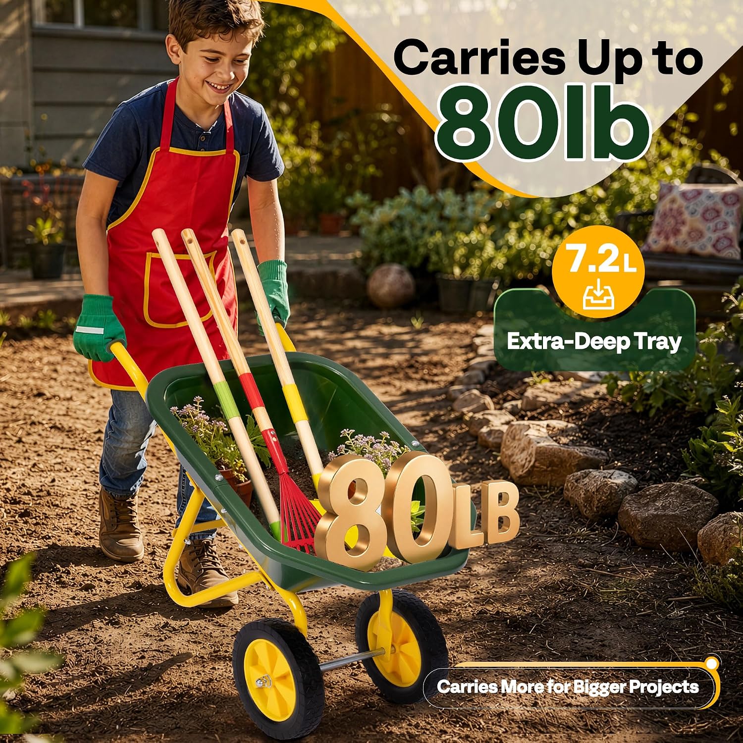 VIVOHOME 30" Kids Wheelbarrow Set 6 PCS Children Garden Cart | With Metal Gardening Tools, Apron & Gloves for Fun, Educational Backyard Play - Image 3