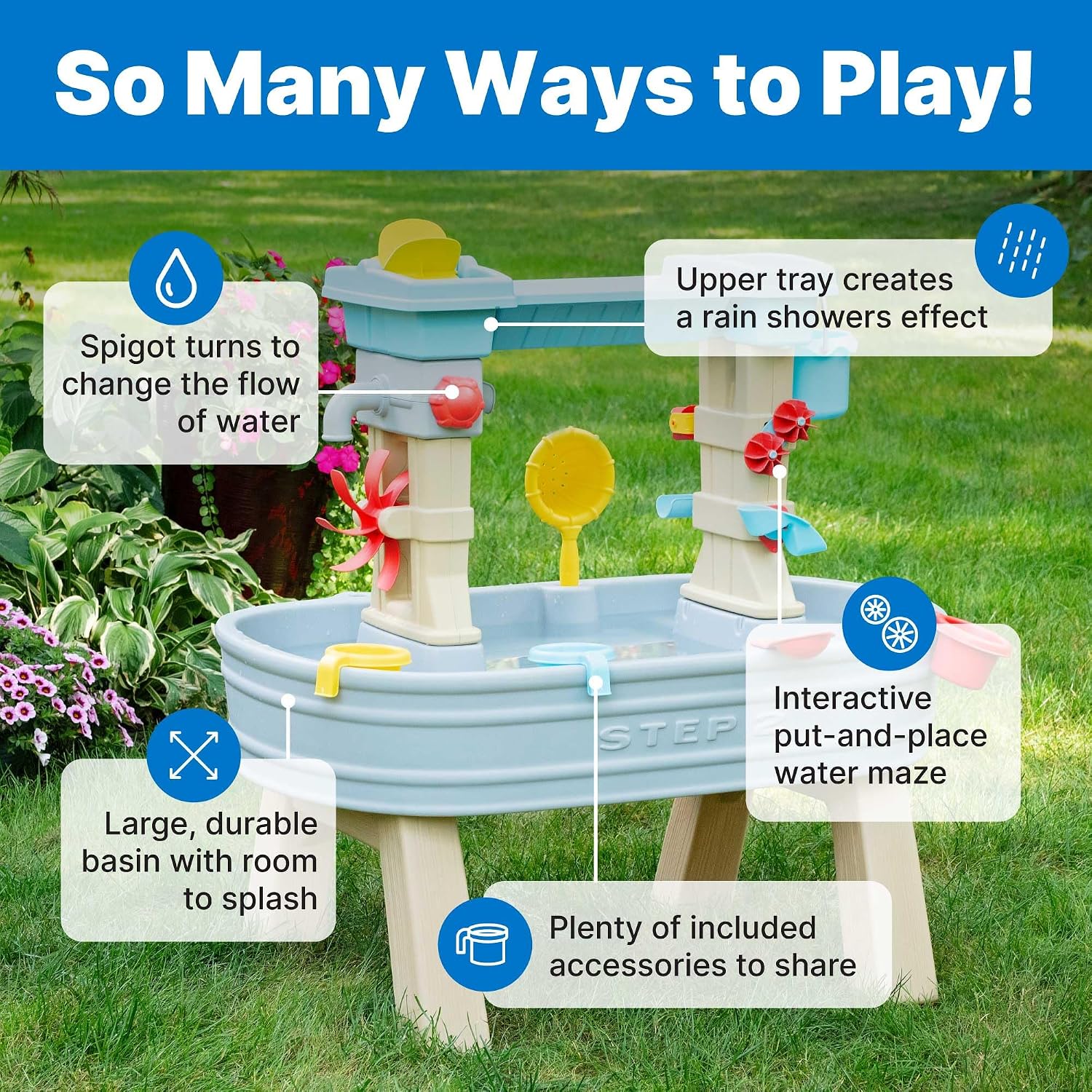 Step2 Rain Showers & Flow Kids Water Table, Outdoor Toddler Activity Table, 15-Piece Accessory Set, Ages 1.5+ Years Old, Multicolor (Gray, Blue, Red) - Image 4