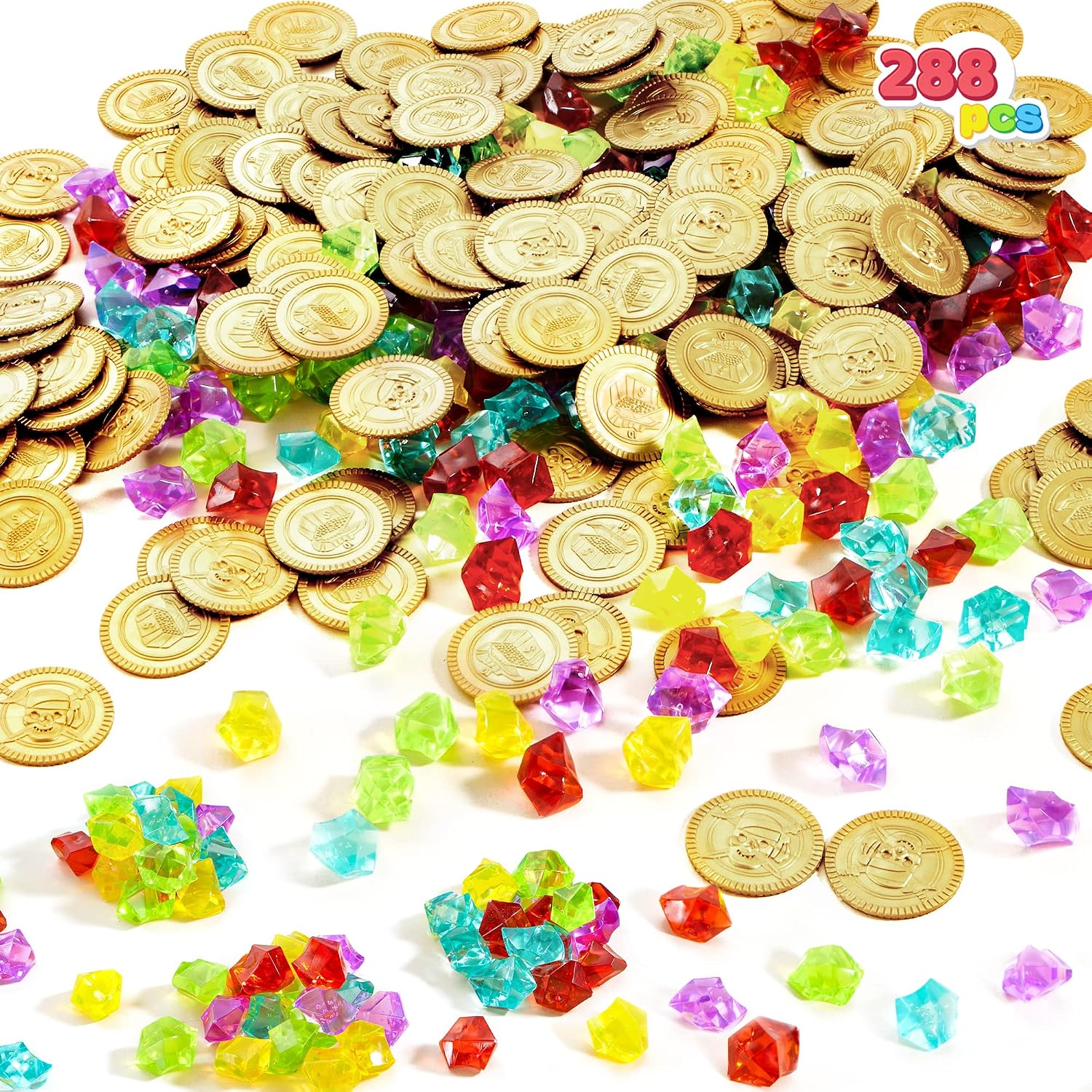 JOYIN Toy 288 Pieces Pirate Gold Coins and Pirate Gems Jewelry Playset Pack Party Favor. (144 Coins+144 Gems) - Image 7