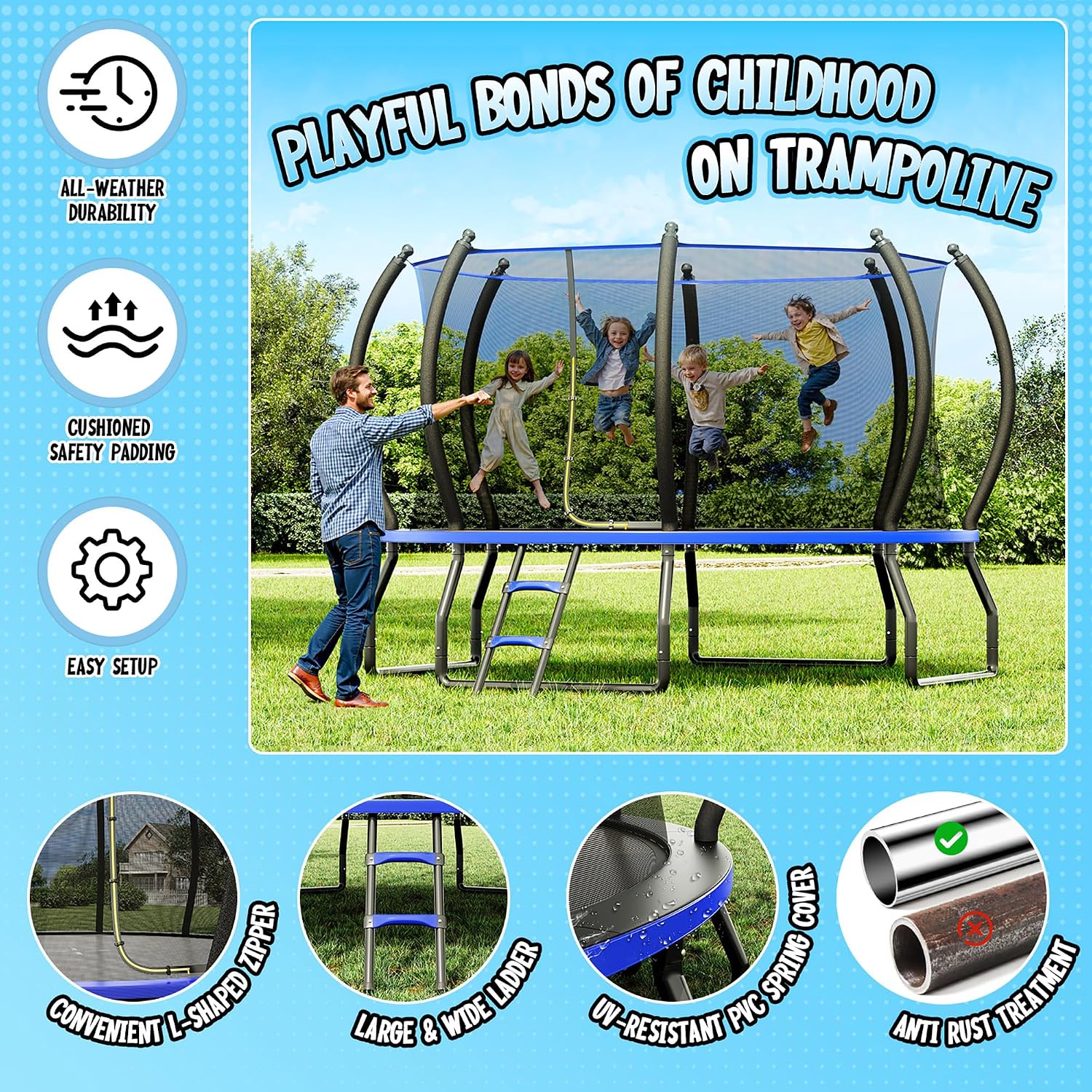 YUMPIE 8FT 10FT 12FT 14FT 15FT 16FT Outdoor Trampoline with Enclosure Net and Ladder, Recreational Trampolines for Kids and Adults, Quick Connect Frame, ASTM Approval - Image 4