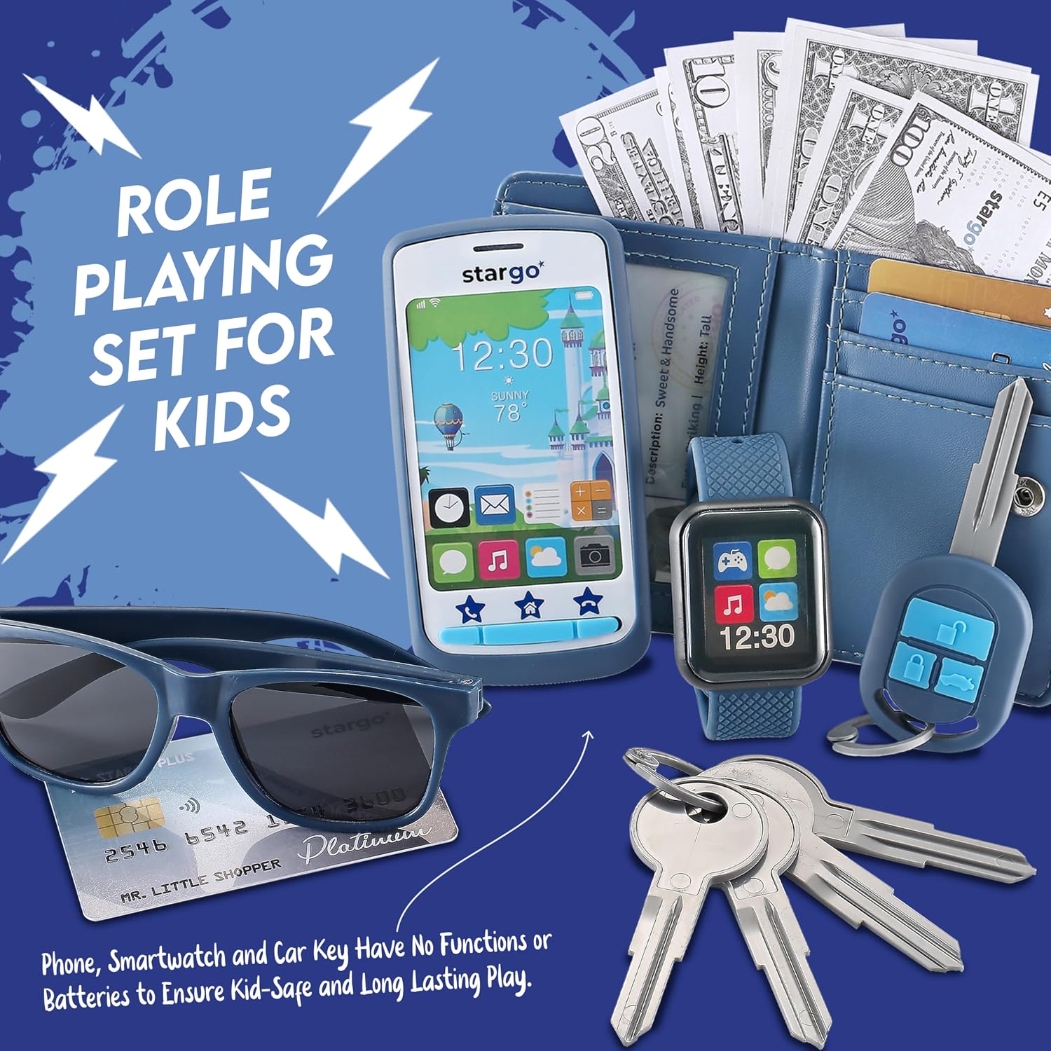 Play Wallet for Boys with Money and Pretend Play Toys, Cellphone, Smartwatch, Keys, Sunglasses, Toddler Wallet for Kids Ages 3 4 5 6 7 8 9 10 11 12 - Grown Up Pretend Play Set for Kids - Image 6