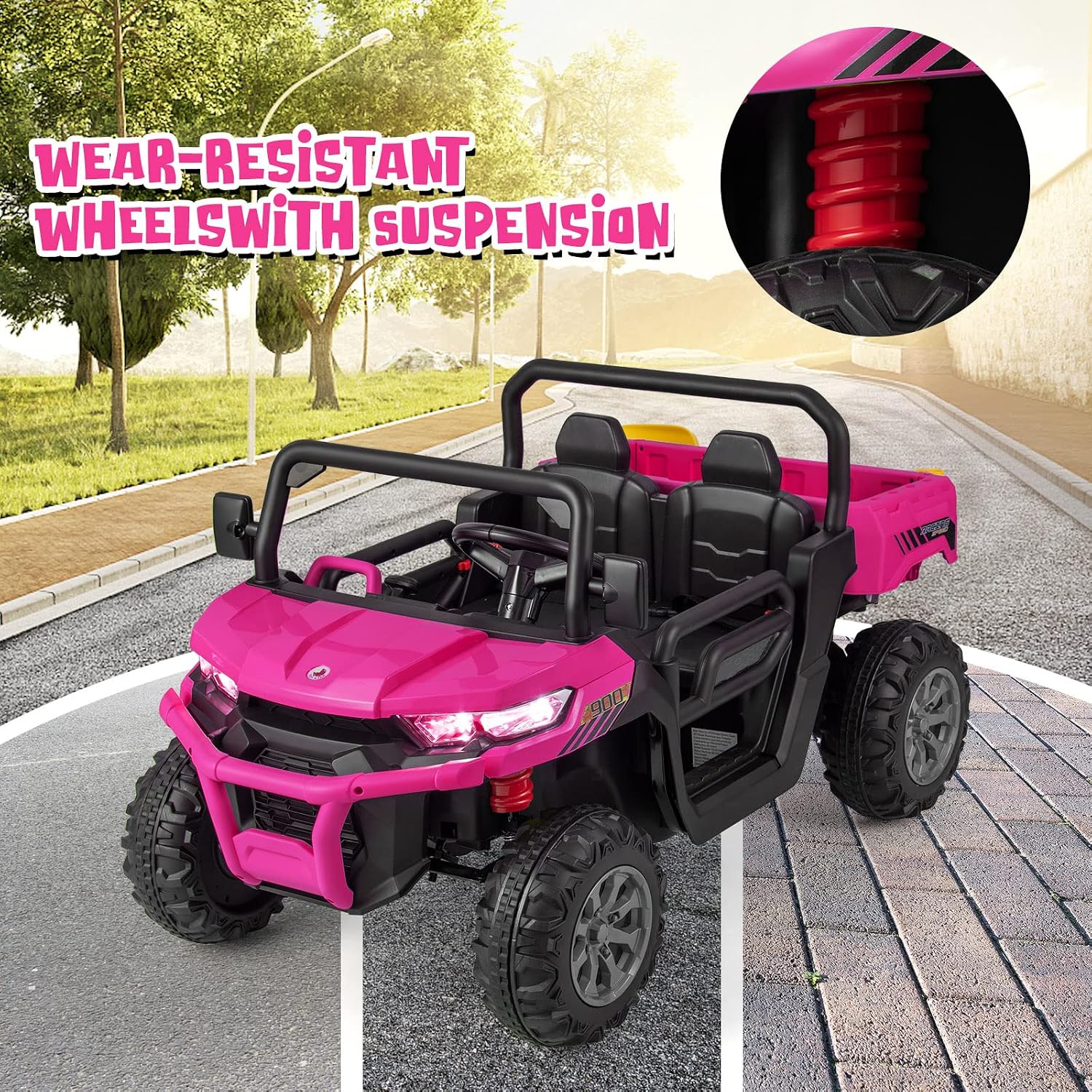 OLAKIDS 2 Seater Ride On Car, 12V Off-Road UTV Electric Vehicle with Remote Control, Dump Bed, Extra Shovel, Music, USB, AUX, Rocking Function, Kids Toddlers Battery Powered Truck (Rose) - Image 9