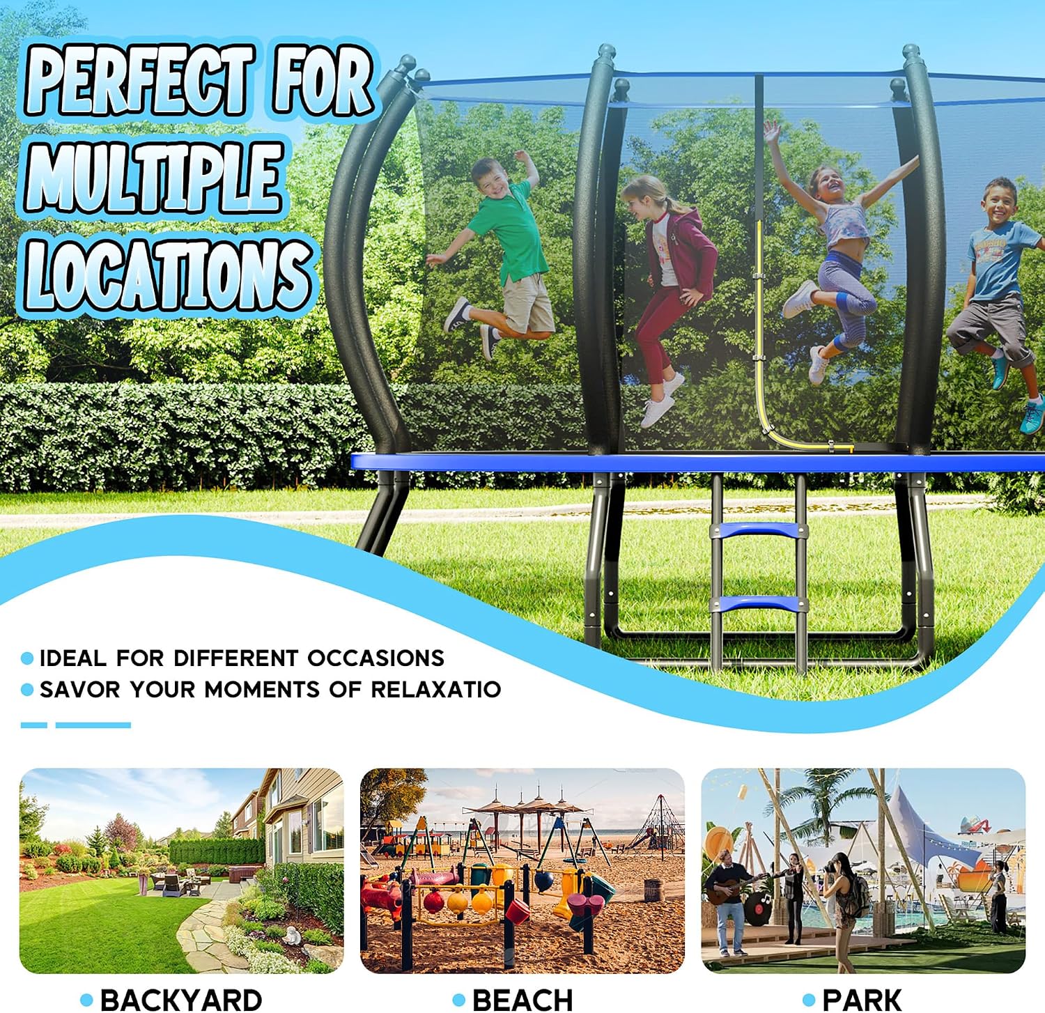 YUMPIE 8FT 10FT 12FT 14FT 15FT 16FT Outdoor Trampoline with Enclosure Net and Ladder, Recreational Trampolines for Kids and Adults, Quick Connect Frame, ASTM Approval - Image 7
