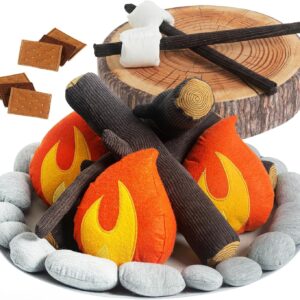 Pretend Campfire Set for Kids with S’Mores Kit & Wood Log Pillow – Soft, Safe & Durable Toy Campfire for Pretend Play & Sensory Play – Giftable Plush Felt Kids Campfire Playset for Ages 3+