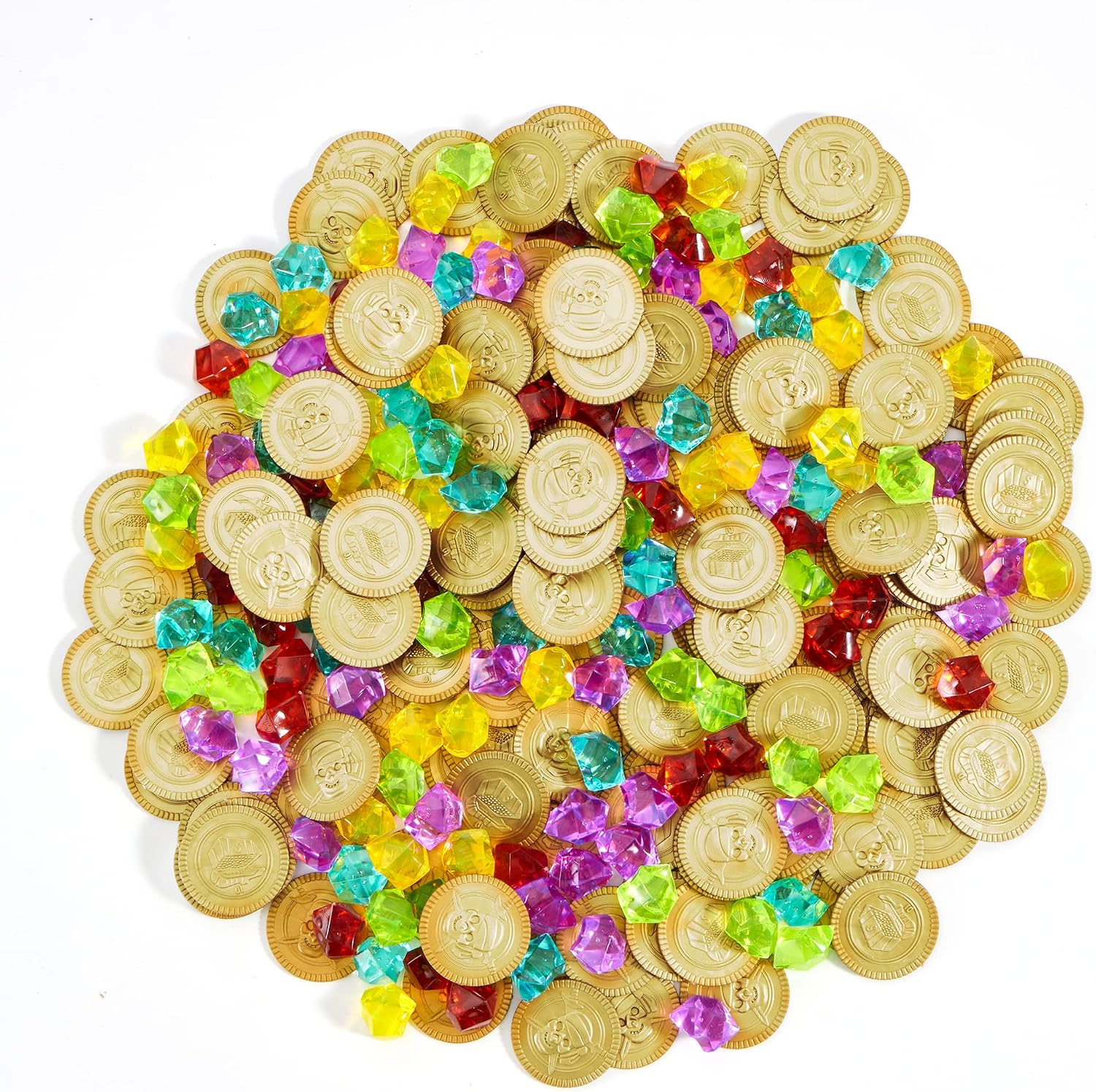 JOYIN Toy 288 Pieces Pirate Gold Coins and Pirate Gems Jewelry Playset Pack Party Favor. (144 Coins+144 Gems)