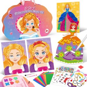 Mocoosy Princess Glam Magic Kit, Doll Makeup Craft Book for Kids, Art and Craft Kit for Girls Ages 4-8, DIY Dress Up Sticker, Travel Game On the Go Activity Toys Birthday Gifts for 5 6 7 8 9 Years Old