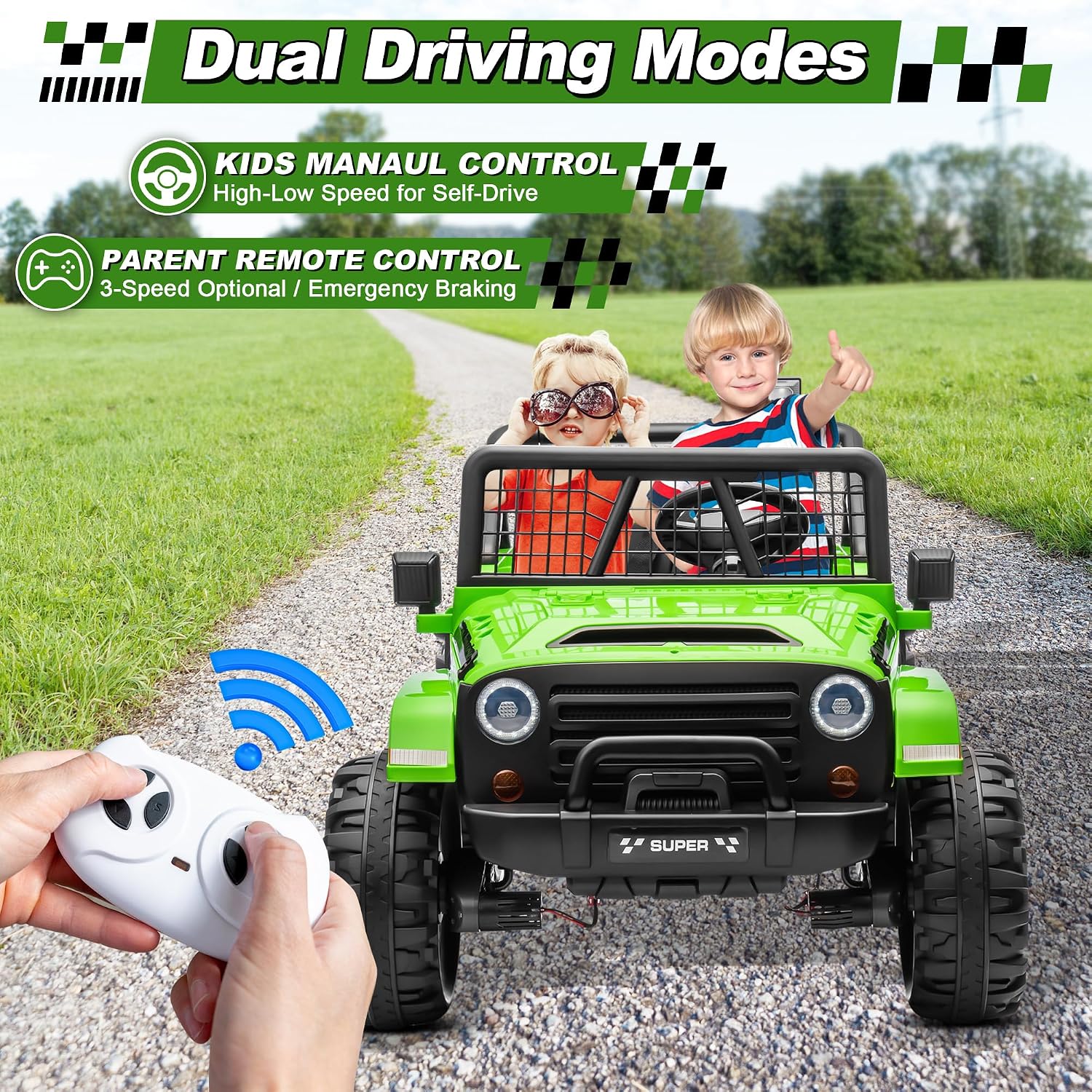 JOYRACER 24V Ride on Car with Remote Control, XL 2 Seater 4WD/2WD Switchable Truck w/4X200W Motor, 20 Inch Wide Seat, Gift Flower Power Car Wheels 24 Volt Big Truck for Boys Girls, Green - Image 4