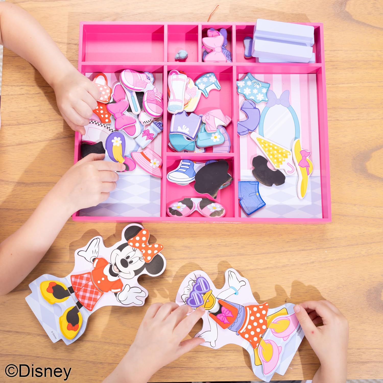 Melissa & Doug Disney Minnie Mouse and Daisy Duck Deluxe Wooden Magnetic Dress-Up; 2 Fashion Dolls with Stands for Pretend Play, 52 Pieces - FSC Certified - Image 5