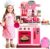 DRAMATION Kids Kitchen Playset, 27.1 Inches Play Kitchen with Sound and Light, Kitchen Set for Toddlers 1-3 3-5, Cooking Stove, Play Sink and Kitchen Accessories, Toy Kitchen (Pink)